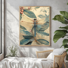 Blue Dragonfly Framed Canvas, Botanical Insect Wall Art, Nature-Inspired Vintage Print, Dragonfly Garden Art Decor, Entomology Home Accent