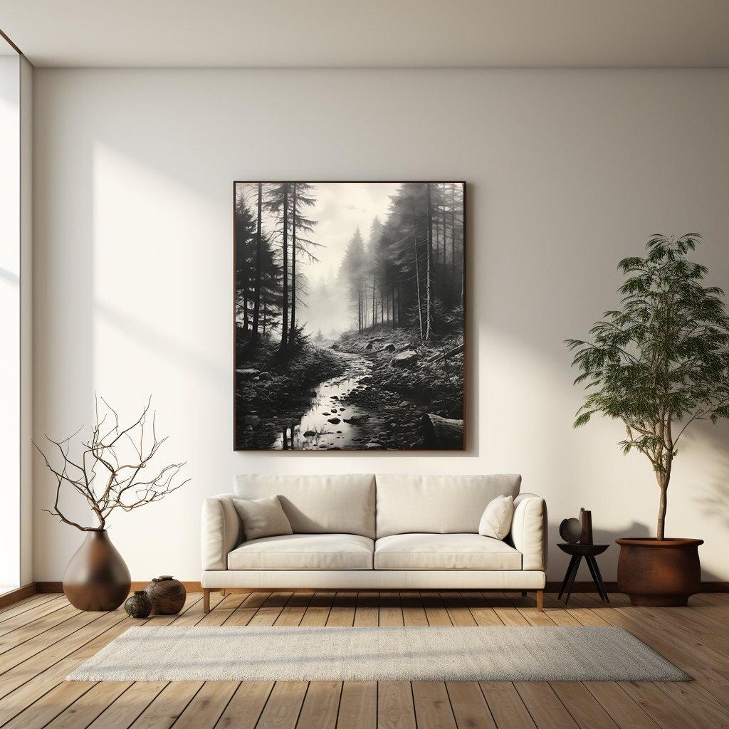 Black and White Misty Forest Canvas Wall Art, Black Framed Wall Art, Foggy Forest Wall Art, Foggy Forest Art, Moody Black and White Painting