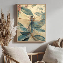 Blue Dragonfly Framed Canvas, Botanical Insect Wall Art, Nature-Inspired Vintage Print, Dragonfly Garden Art Decor, Entomology Home Accent