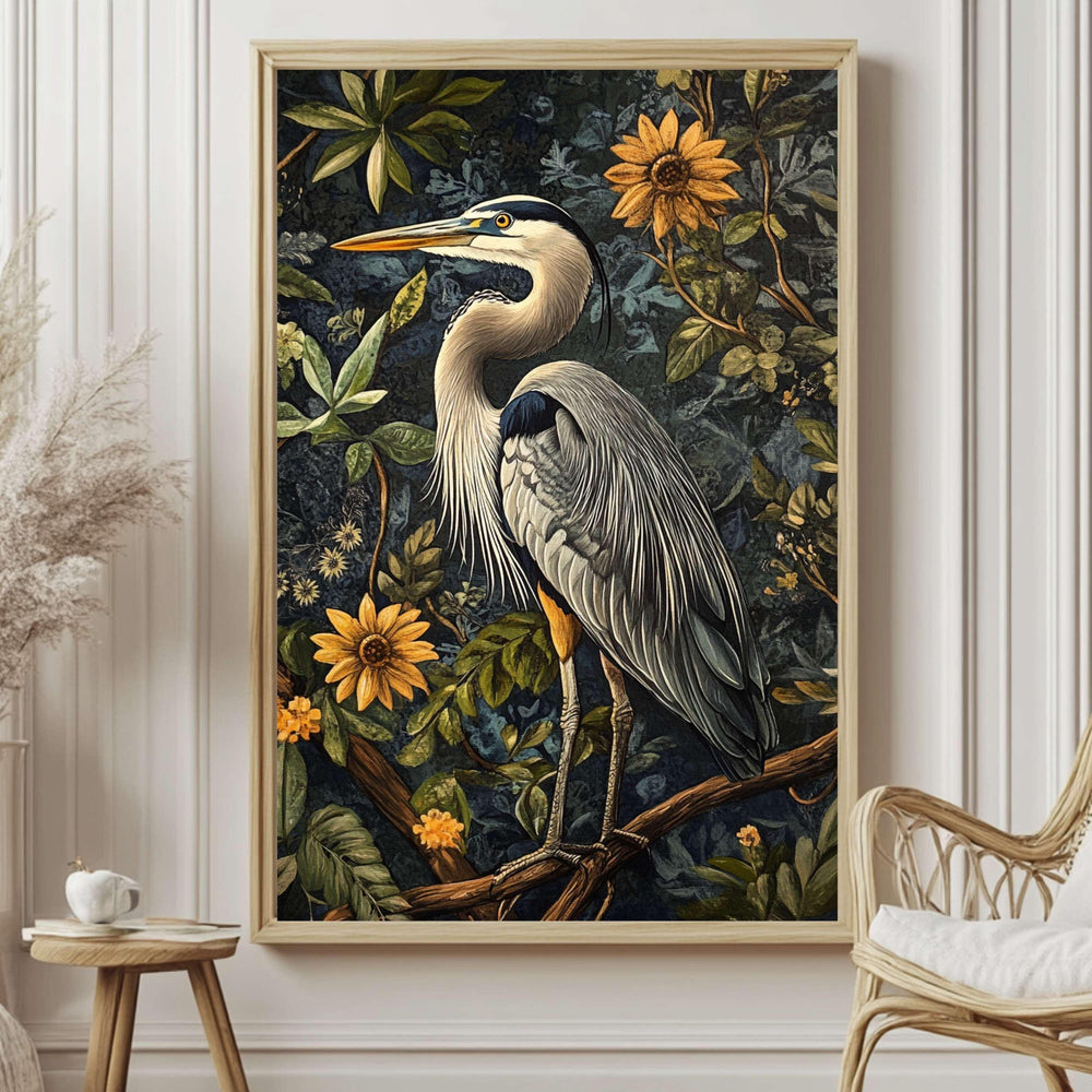 Great Blue Heron William Morris Style Framed Canvas Art, Heron Bird Wall Decor, Nature Inspired Home Gallery,Framed Heron Botanical Painting