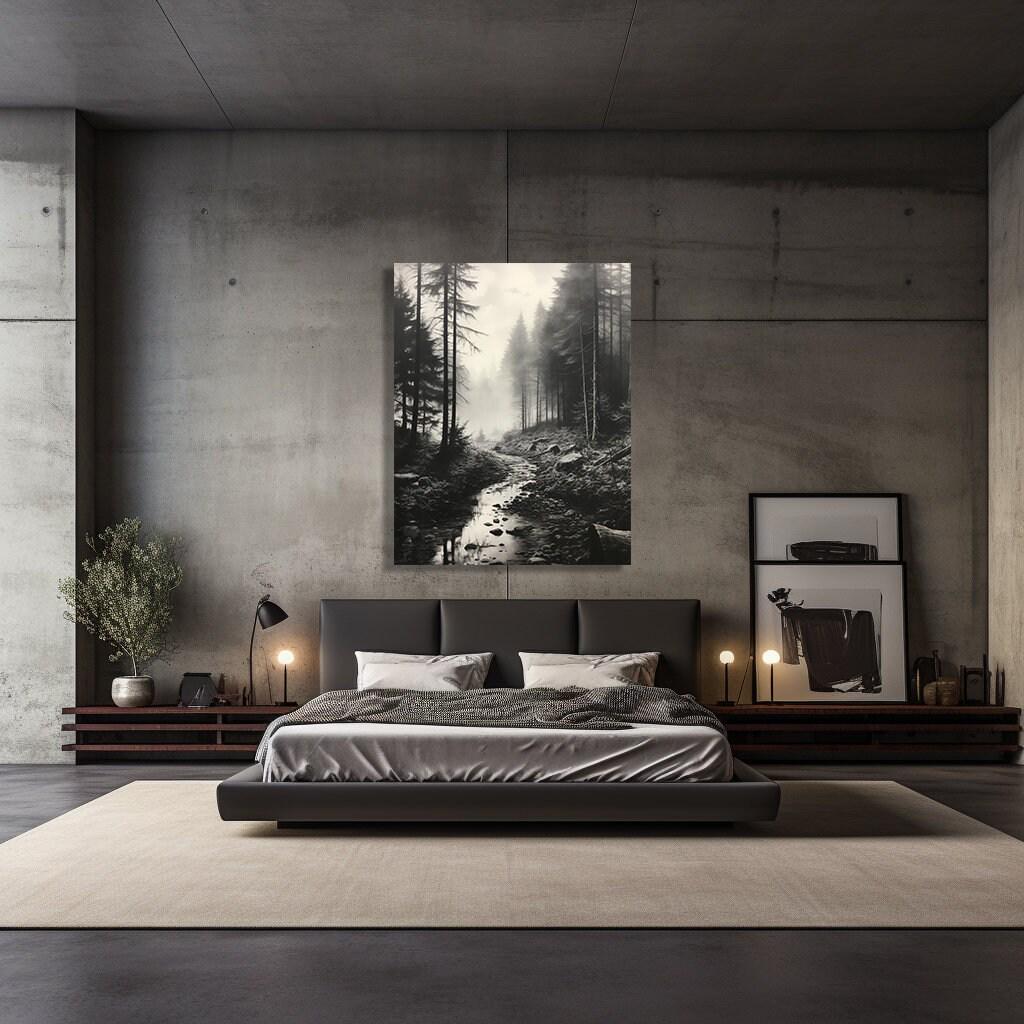 Black and White Misty Forest Canvas Wall Art, Black Framed Wall Art, Foggy Forest Wall Art, Foggy Forest Art, Moody Black and White Painting