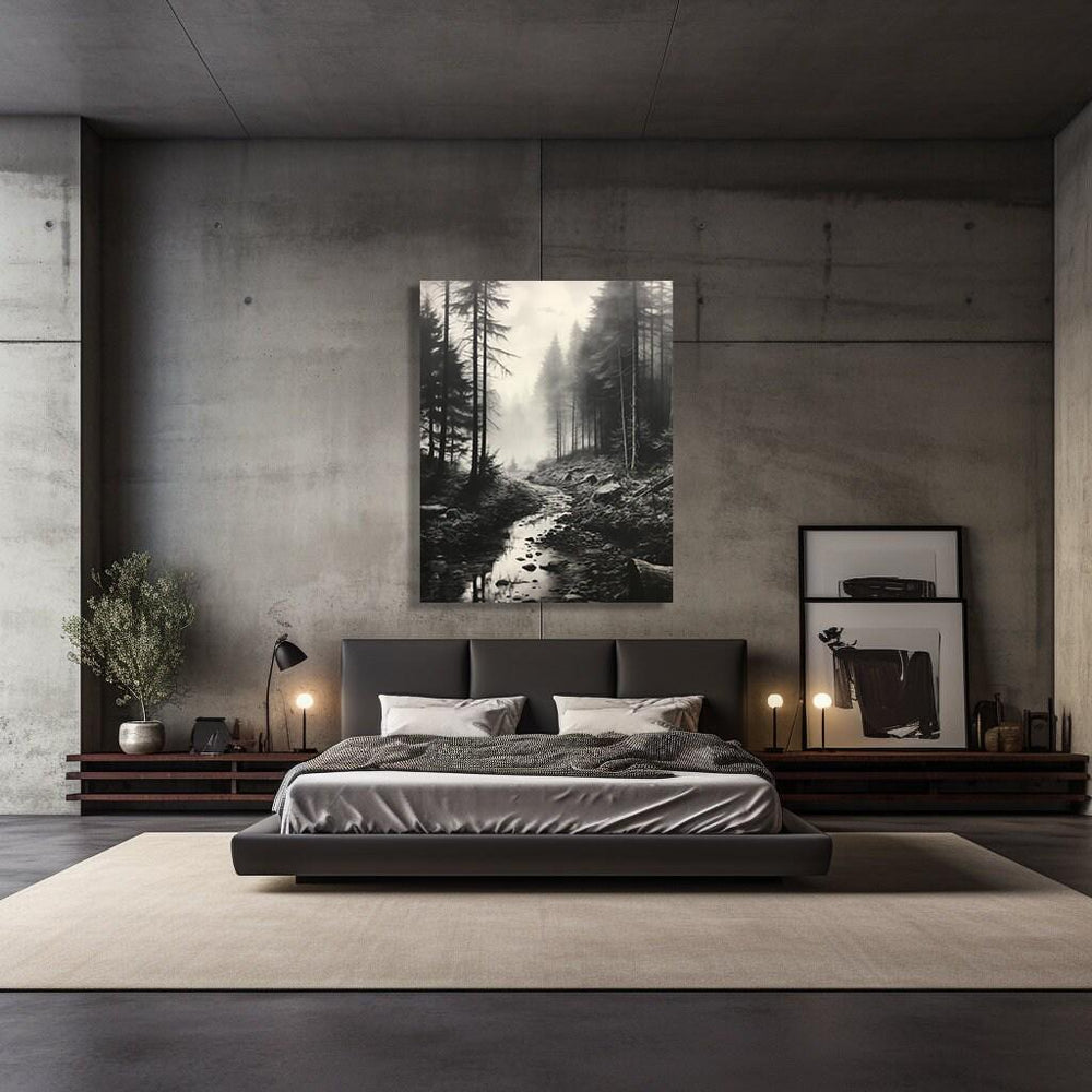 Black and White Misty Forest Canvas Wall Art, Black Framed Wall Art, Foggy Forest Wall Art, Foggy Forest Art, Moody Black and White Painting