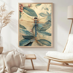 Blue Dragonfly Framed Canvas, Botanical Insect Wall Art, Nature-Inspired Vintage Print, Dragonfly Garden Art Decor, Entomology Home Accent