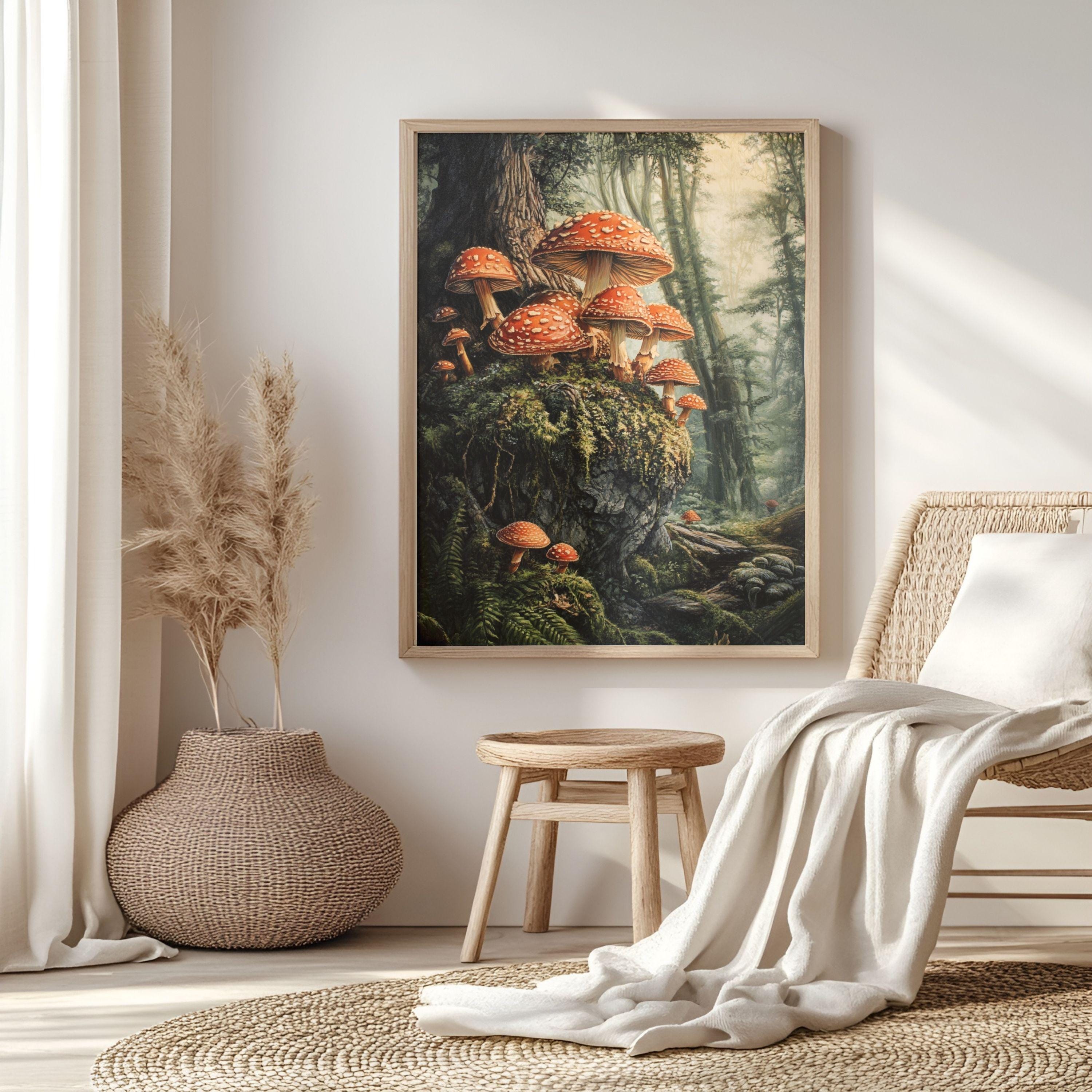Woodland Mushroom Forest Canvas Wall Art, Mushroom Framed Art Print, Rustic Cottagecore Decor, Botanical Wall Hanging Wooden Framed Art