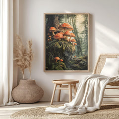 Woodland Mushroom Forest Canvas Wall Art, Mushroom Framed Art Print, Rustic Cottagecore Decor, Botanical Wall Hanging Wooden Framed Art