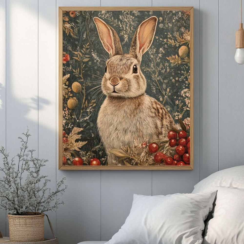 William Morris Winter Bunny Wall Art, Rabbit Printed Wooden Framed Canvas, Bunny in Winter Scene, Nature Inspired Framed Bunny Painting