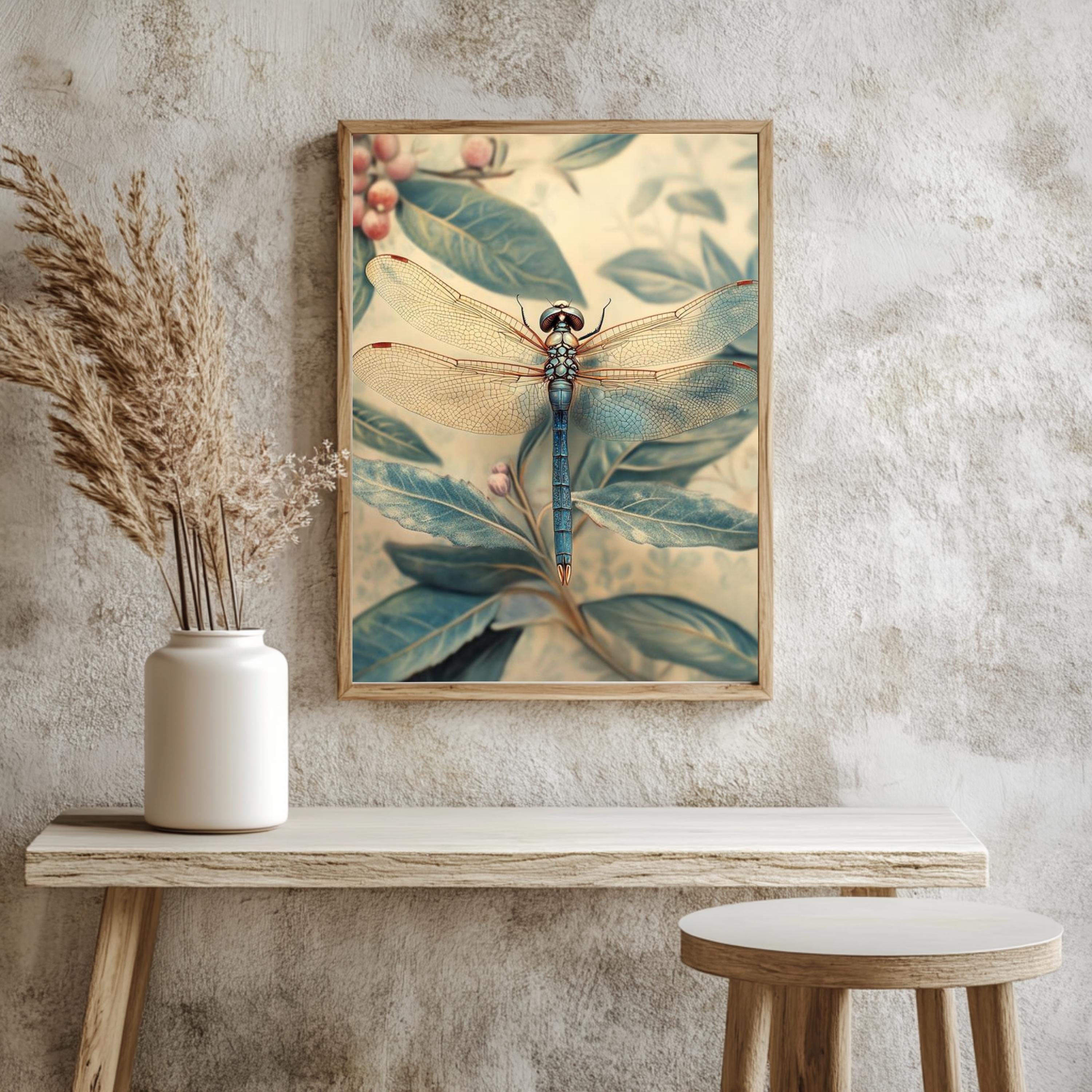 Blue Dragonfly Framed Canvas, Botanical Insect Wall Art, Nature-Inspired Vintage Print, Dragonfly Garden Art Decor, Entomology Home Accent