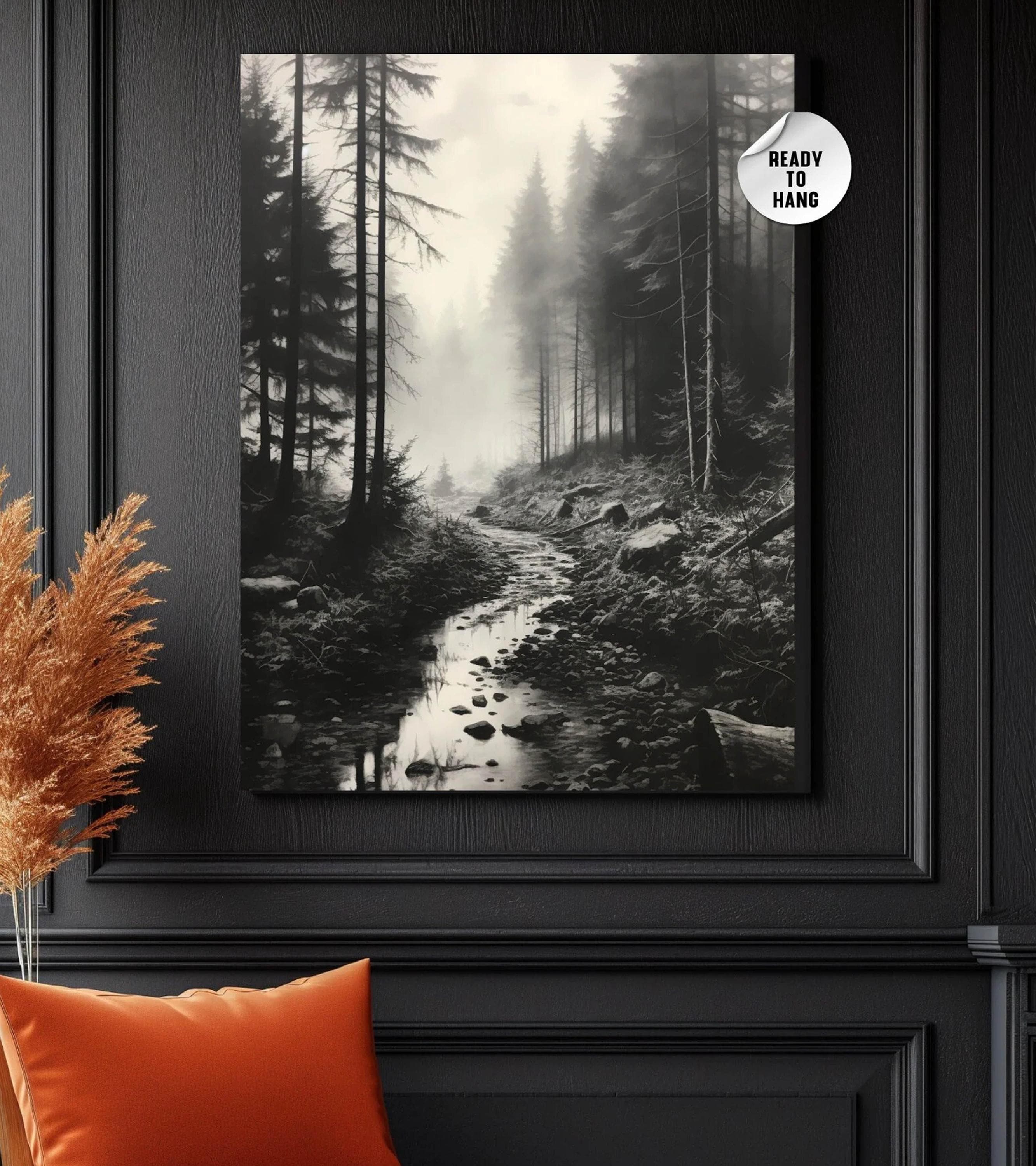Black and White Misty Forest Canvas Wall Art, Black Framed Wall Art, Foggy Forest Wall Art, Foggy Forest Art, Moody Black and White Painting