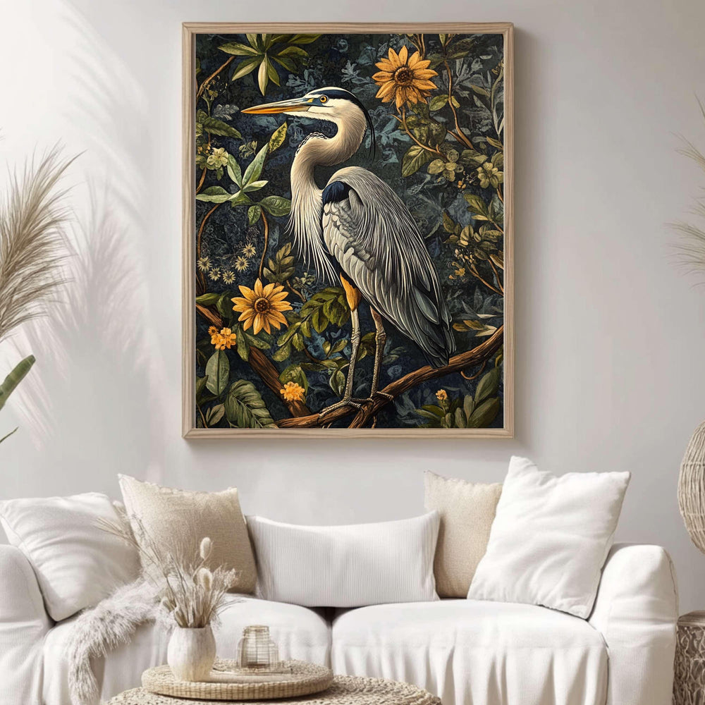 Great Blue Heron William Morris Style Framed Canvas Art, Heron Bird Wall Decor, Nature Inspired Home Gallery,Framed Heron Botanical Painting