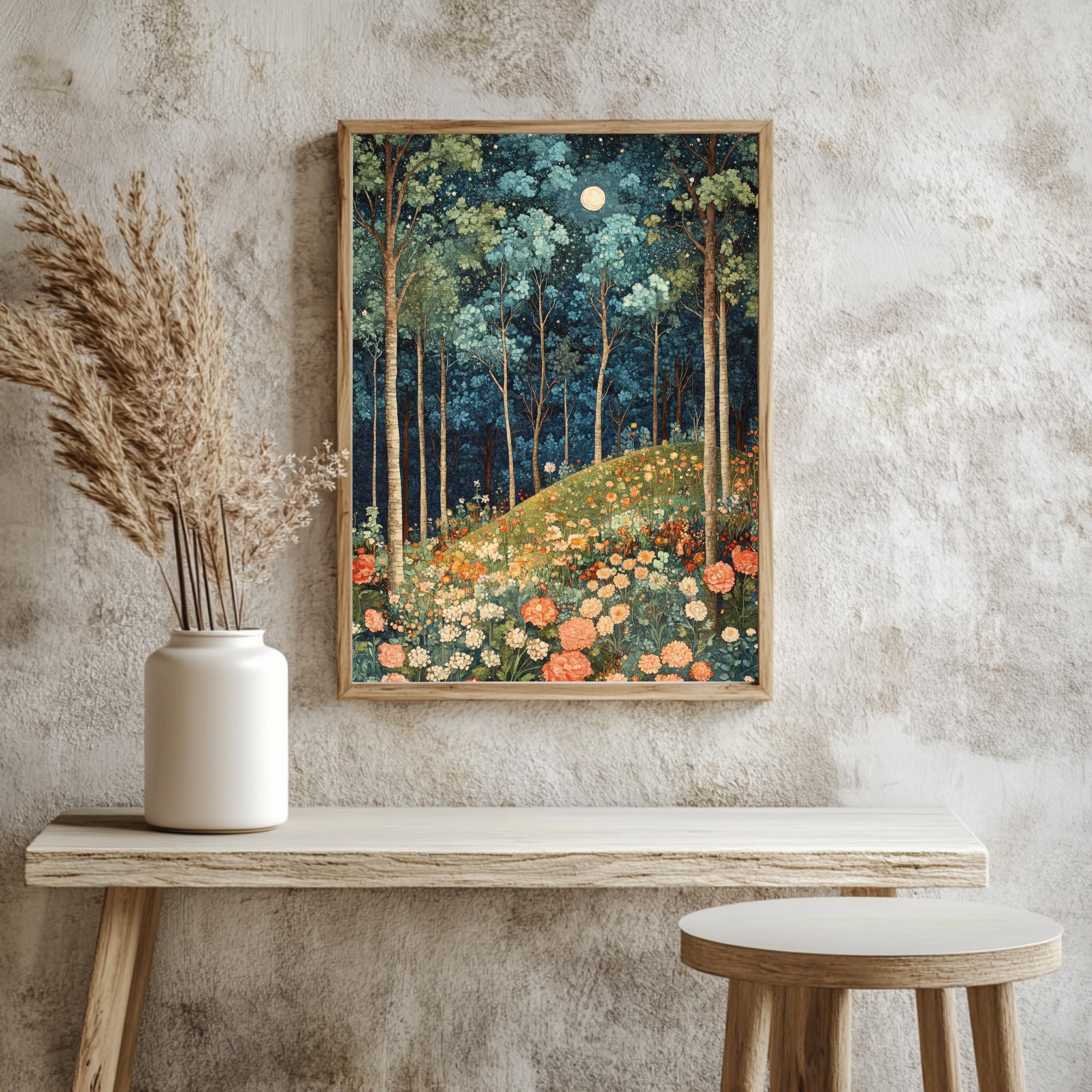 Moonlit Wildflower Forest Framed Canvas, Dreamy Night Woodland Wall Art, Enchanted Garden Decor, Fairytale Floral Landscape Accent