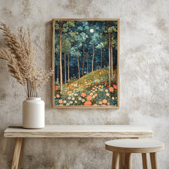 Moonlit Wildflower Forest Framed Canvas, Dreamy Night Woodland Wall Art, Enchanted Garden Decor, Fairytale Floral Landscape Accent