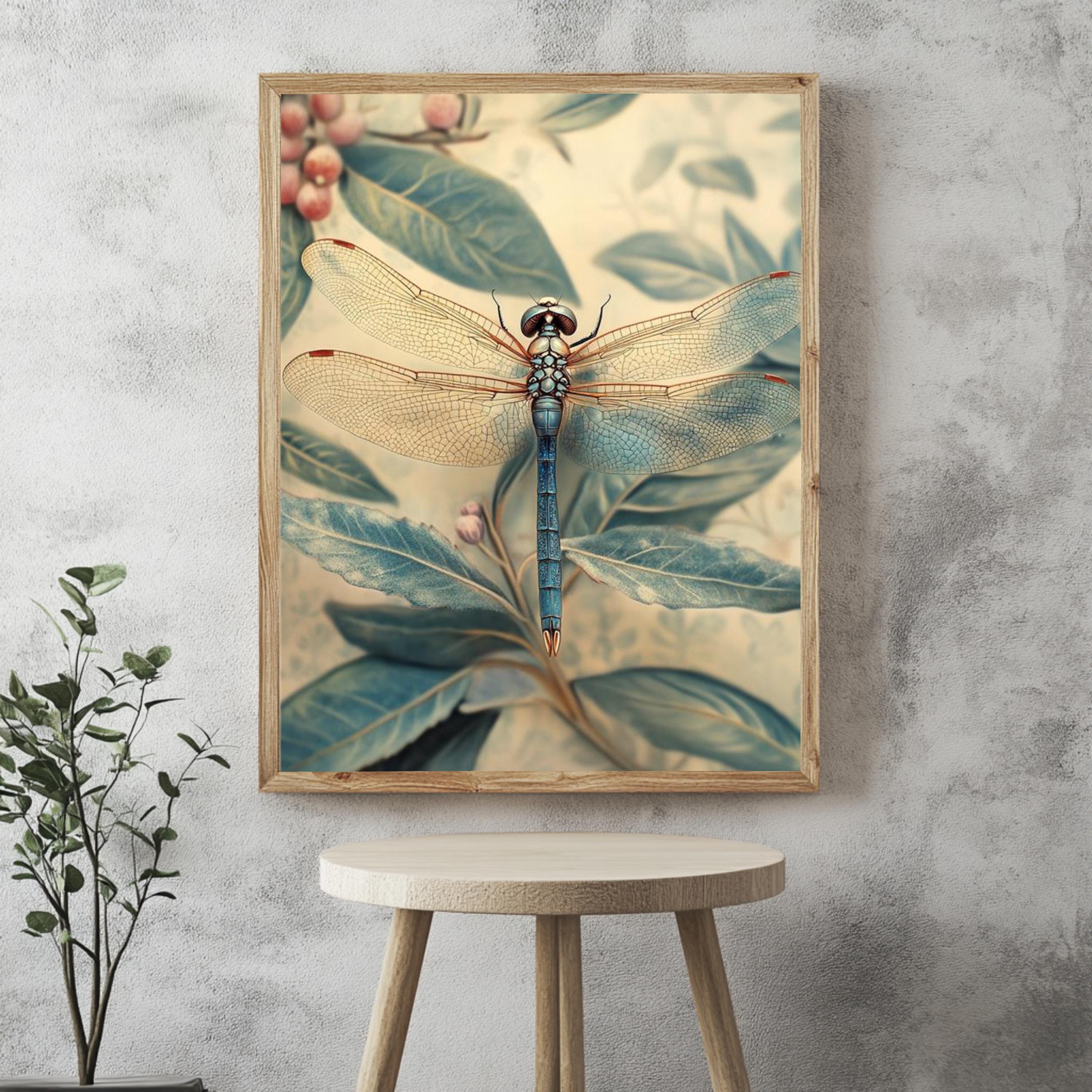 Blue Dragonfly Framed Canvas, Botanical Insect Wall Art, Nature-Inspired Vintage Print, Dragonfly Garden Art Decor, Entomology Home Accent