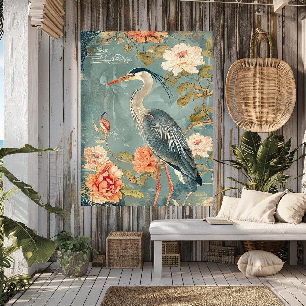 Chinoiserie Blue Heron Art, Vintage Coastal Home Decor, Framed Nature Canvas Art, Vintage Inspired Illustration, Ready to Hang Decor