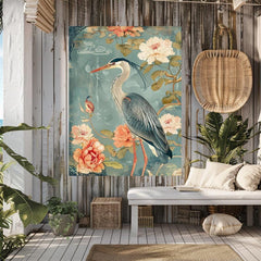 Chinoiserie Blue Heron Art, Vintage Coastal Home Decor, Framed Nature Canvas Art, Vintage Inspired Illustration, Ready to Hang Decor