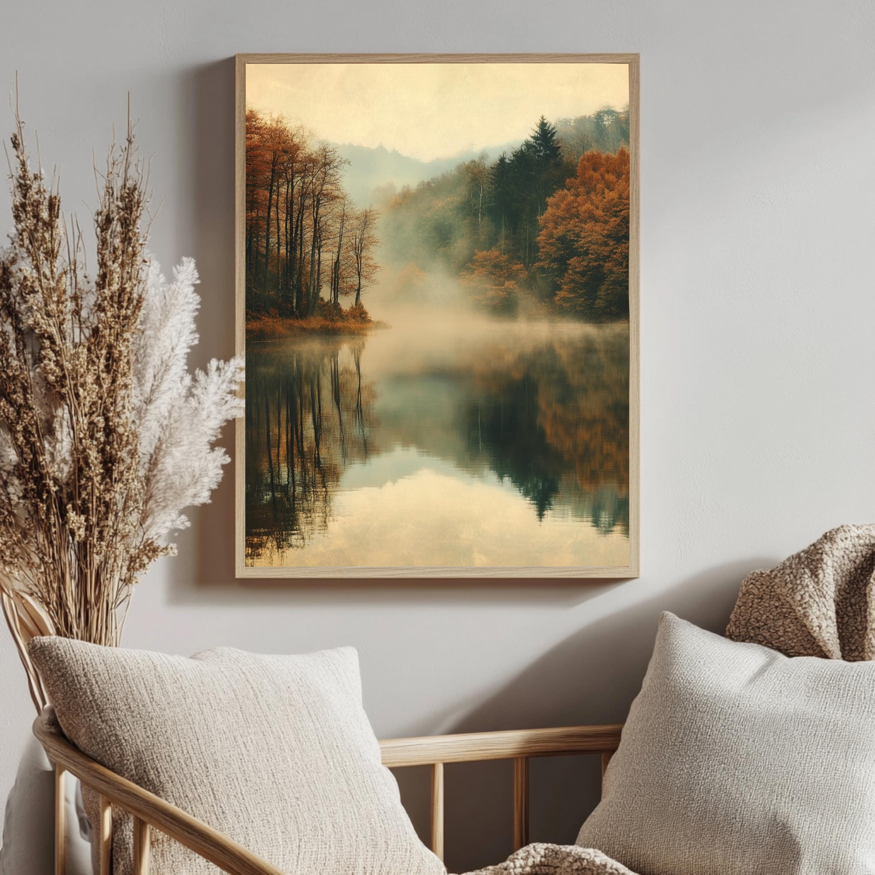Woodland Lake Framed Wall Art, Misty Lake Frame Art, Natural Wood Framed Wall Canvas, Forest Framed Art, Nature-Inspired Wooden Framed Art
