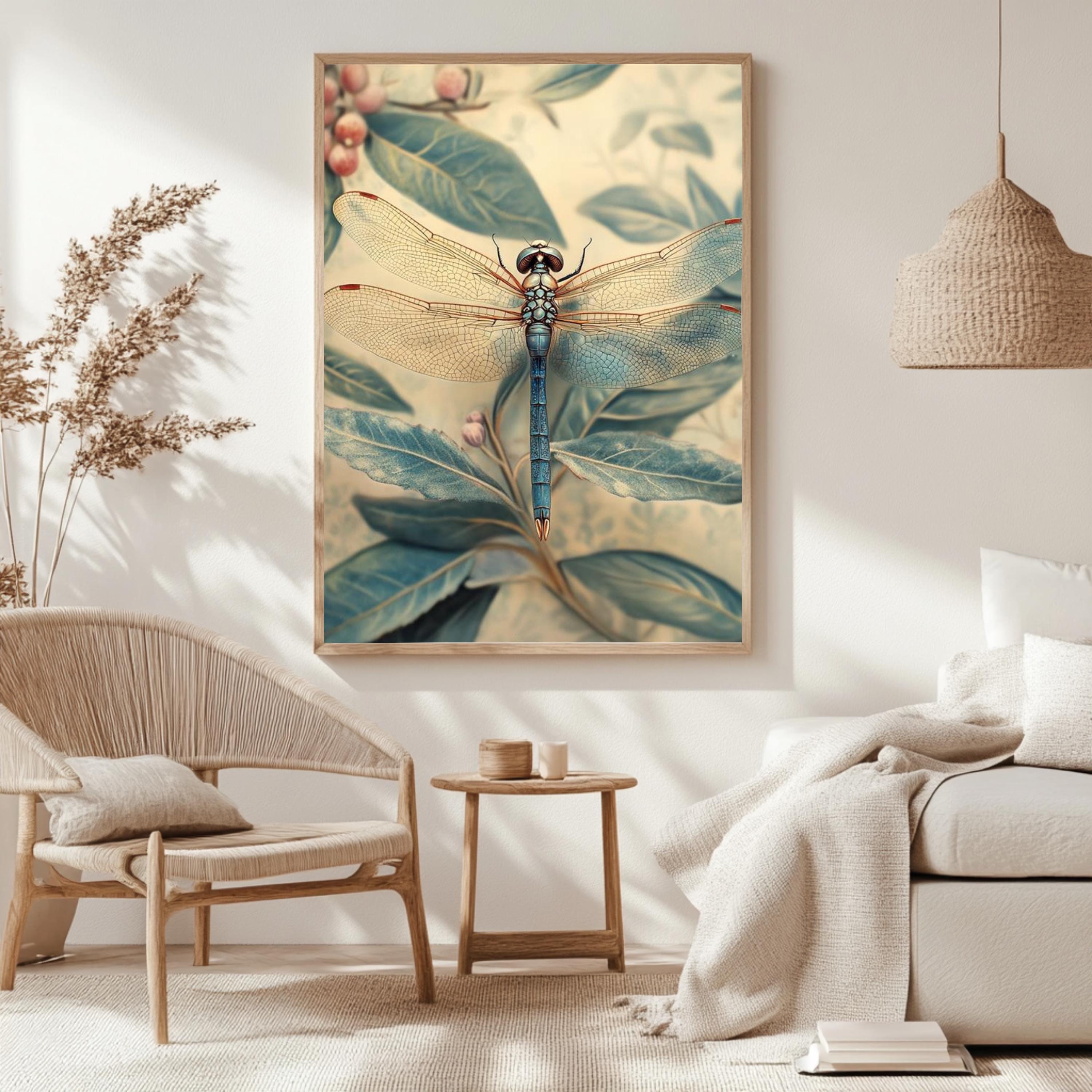 Blue Dragonfly Framed Canvas, Botanical Insect Wall Art, Nature-Inspired Vintage Print, Dragonfly Garden Art Decor, Entomology Home Accent