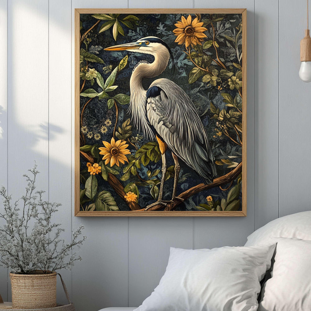 Great Blue Heron William Morris Style Framed Canvas Art, Heron Bird Wall Decor, Nature Inspired Home Gallery,Framed Heron Botanical Painting