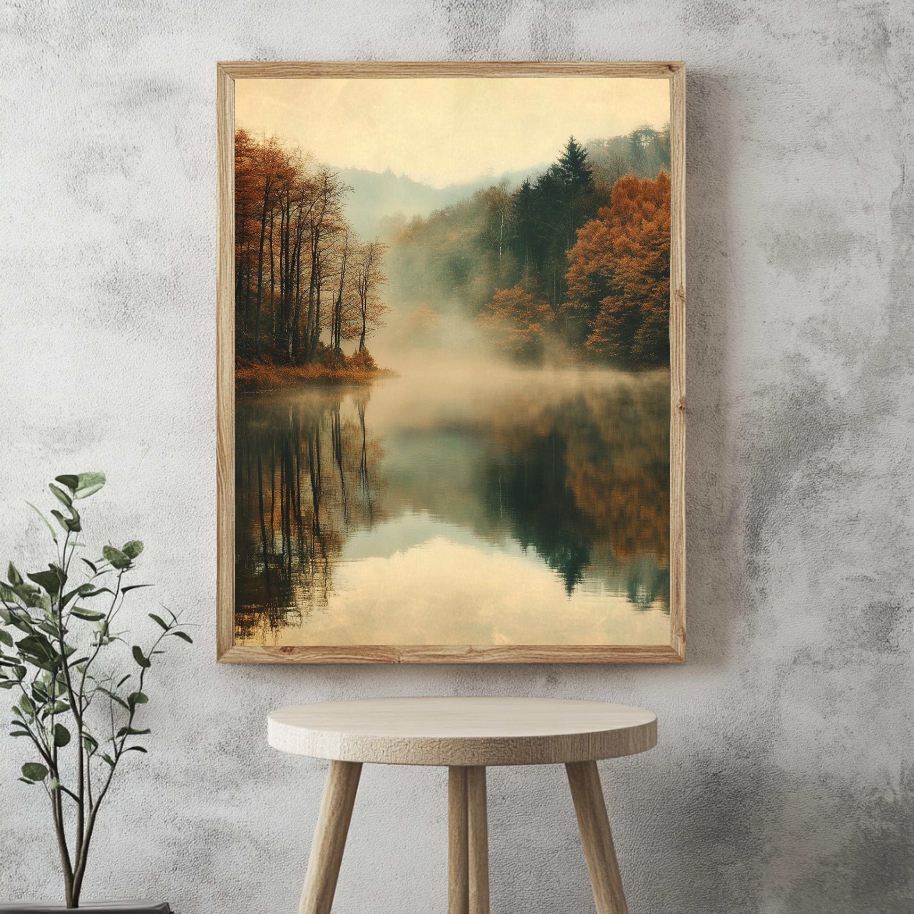 Woodland Lake Framed Wall Art, Misty Lake Frame Art, Natural Wood Framed Wall Canvas, Forest Framed Art, Nature-Inspired Wooden Framed Art