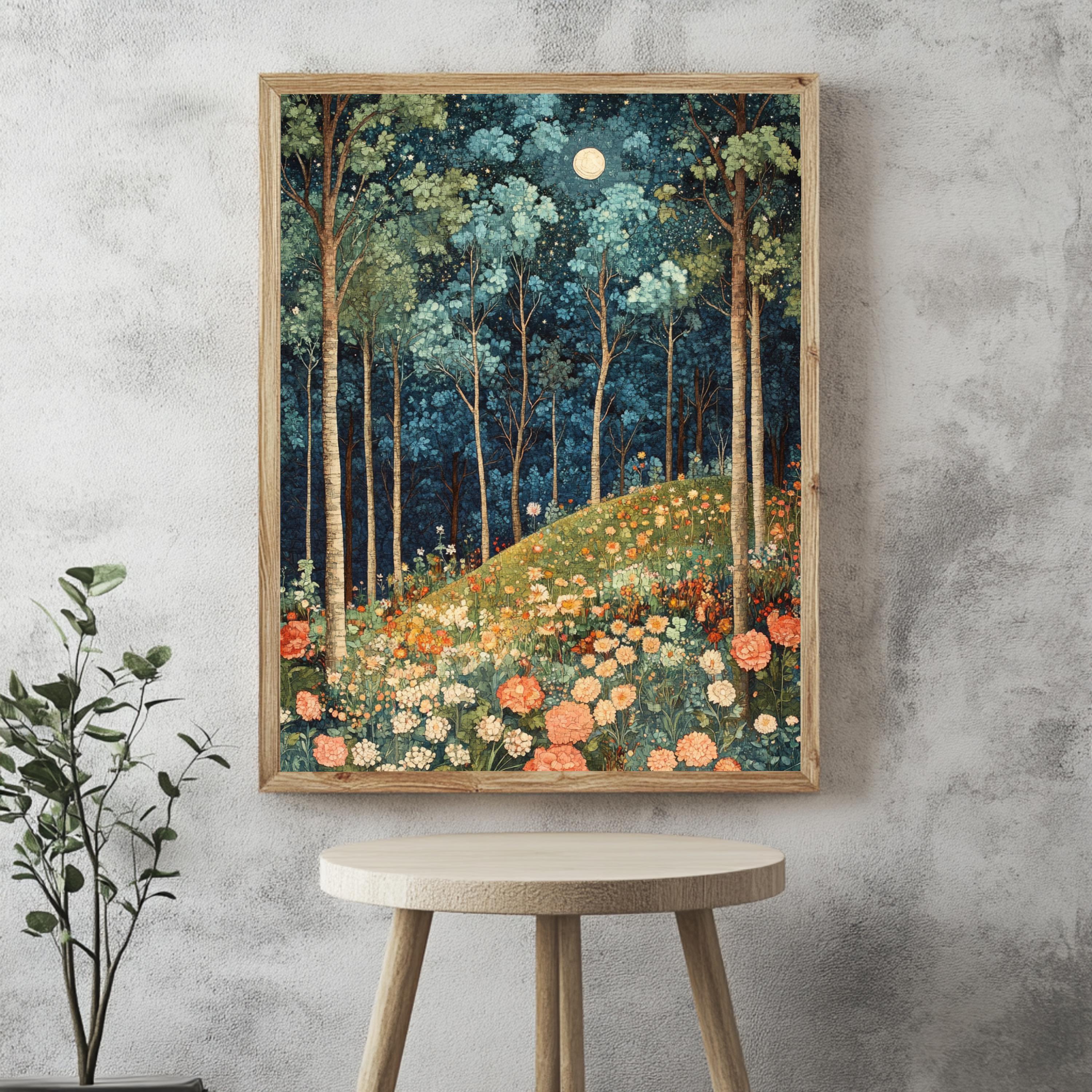 Moonlit Wildflower Forest Framed Canvas, Dreamy Night Woodland Wall Art, Enchanted Garden Decor, Fairytale Floral Landscape Accent
