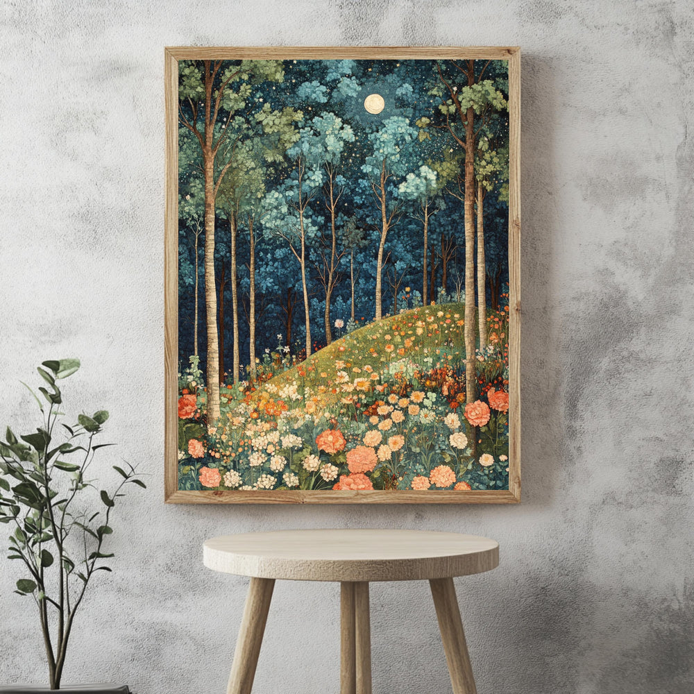Moonlit Wildflower Forest Framed Canvas, Dreamy Night Woodland Wall Art, Enchanted Garden Decor, Fairytale Floral Landscape Accent