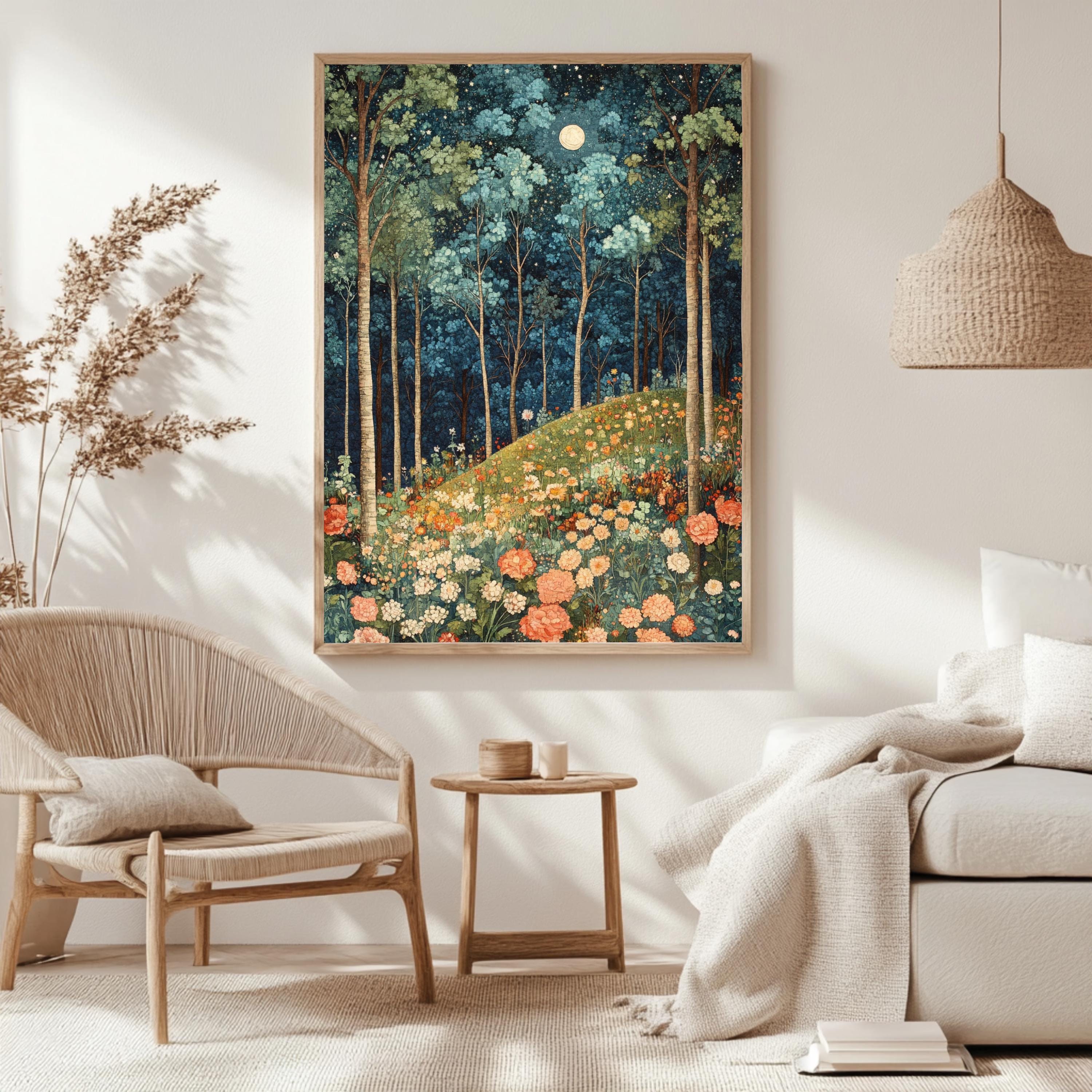 Moonlit Wildflower Forest Framed Canvas, Dreamy Night Woodland Wall Art, Enchanted Garden Decor, Fairytale Floral Landscape Accent