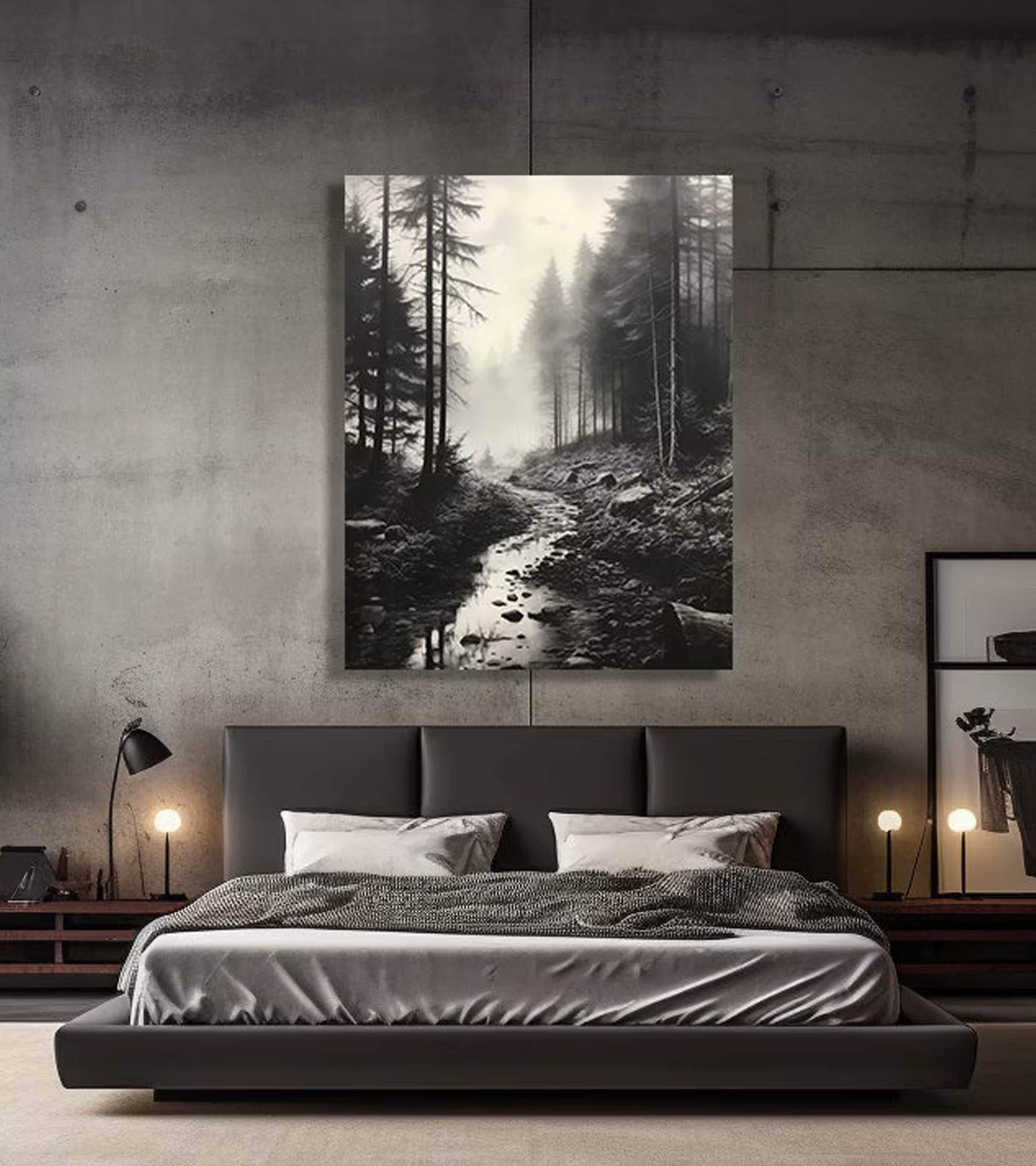 Black and White Misty Forest Canvas Wall Art, Black Framed Wall Art, Foggy Forest Wall Art, Foggy Forest Art, Moody Black and White Painting