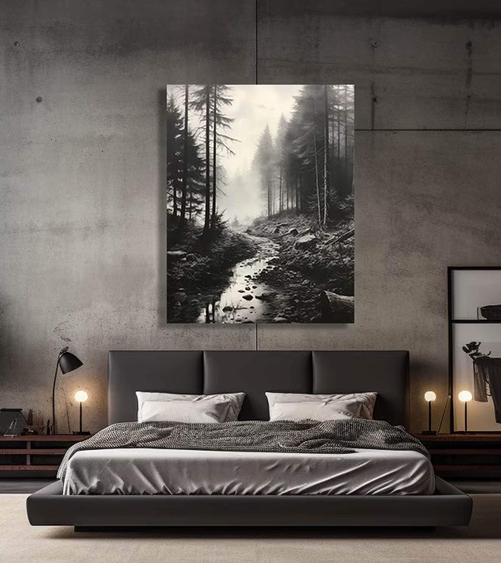 Black and White Misty Forest Canvas Wall Art, Black Framed Wall Art, Foggy Forest Wall Art, Foggy Forest Art, Moody Black and White Painting