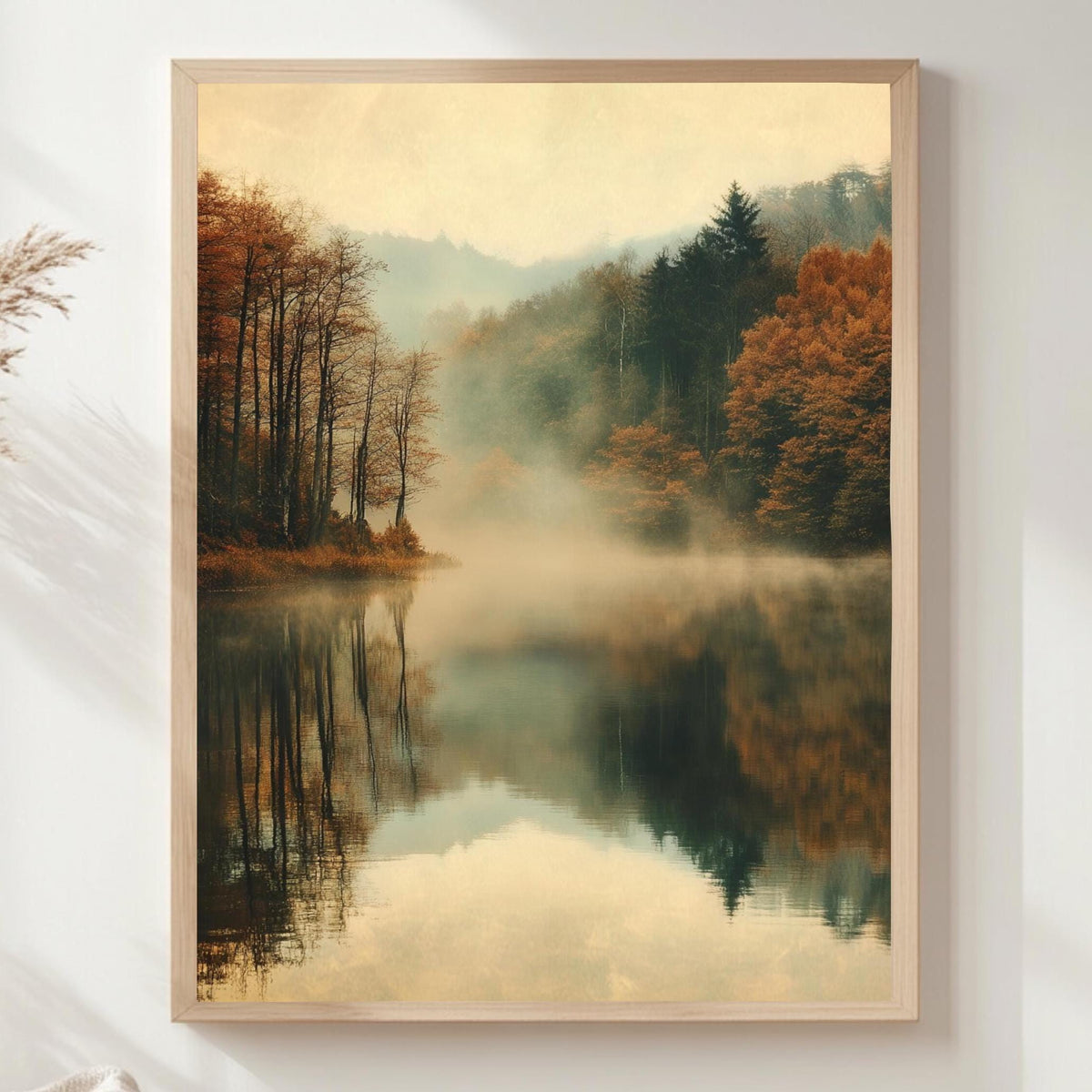 Woodland Lake Framed Wall Art, Misty Lake Frame Art, Natural Wood Framed Wall Canvas, Forest Framed Art, Nature-Inspired Wooden Framed Art