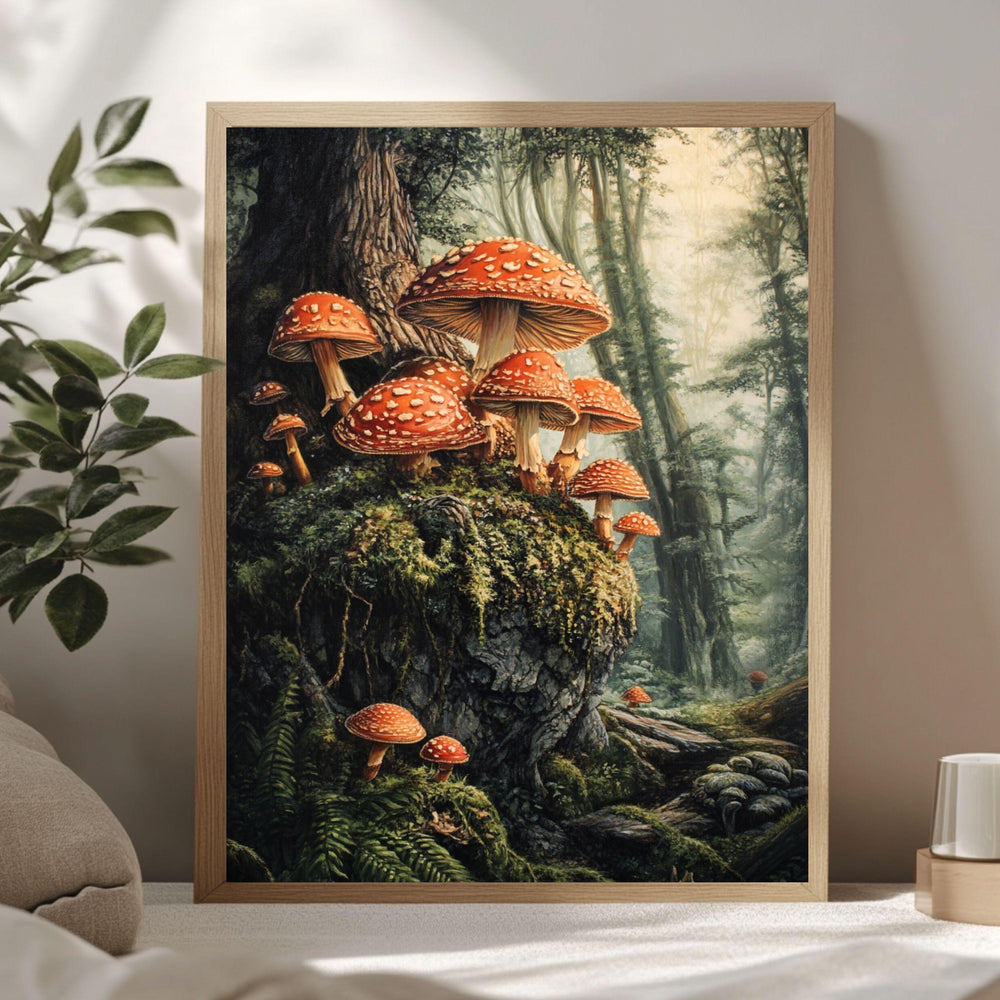 Woodland Mushroom Forest Canvas Wall Art, Mushroom Framed Art Print, Rustic Cottagecore Decor, Botanical Wall Hanging Wooden Framed Art