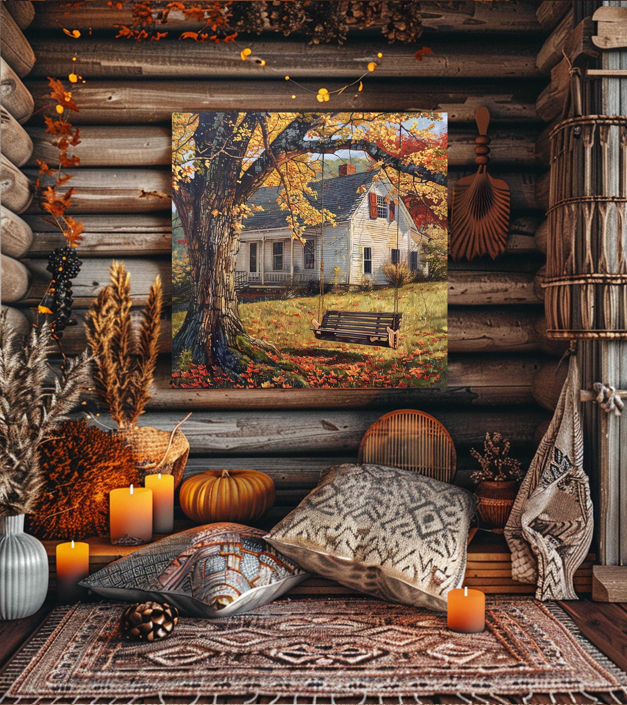 Farmhouse Portrait Autumn Canvas Wall Art, Country Cottage Fall Home Artwork, Farm with Swing Print