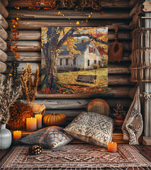 Farmhouse Portrait Autumn Canvas Wall Art, Country Cottage Fall Home Artwork, Farm with Swing Print