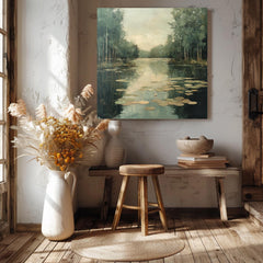 Peaceful Pond Canvas Wall Art, Water Lilies Art Print, Rustic Botanical Wall Decor, Nature-Inspired Framed Wall Canvas, Vintage Woodland Art