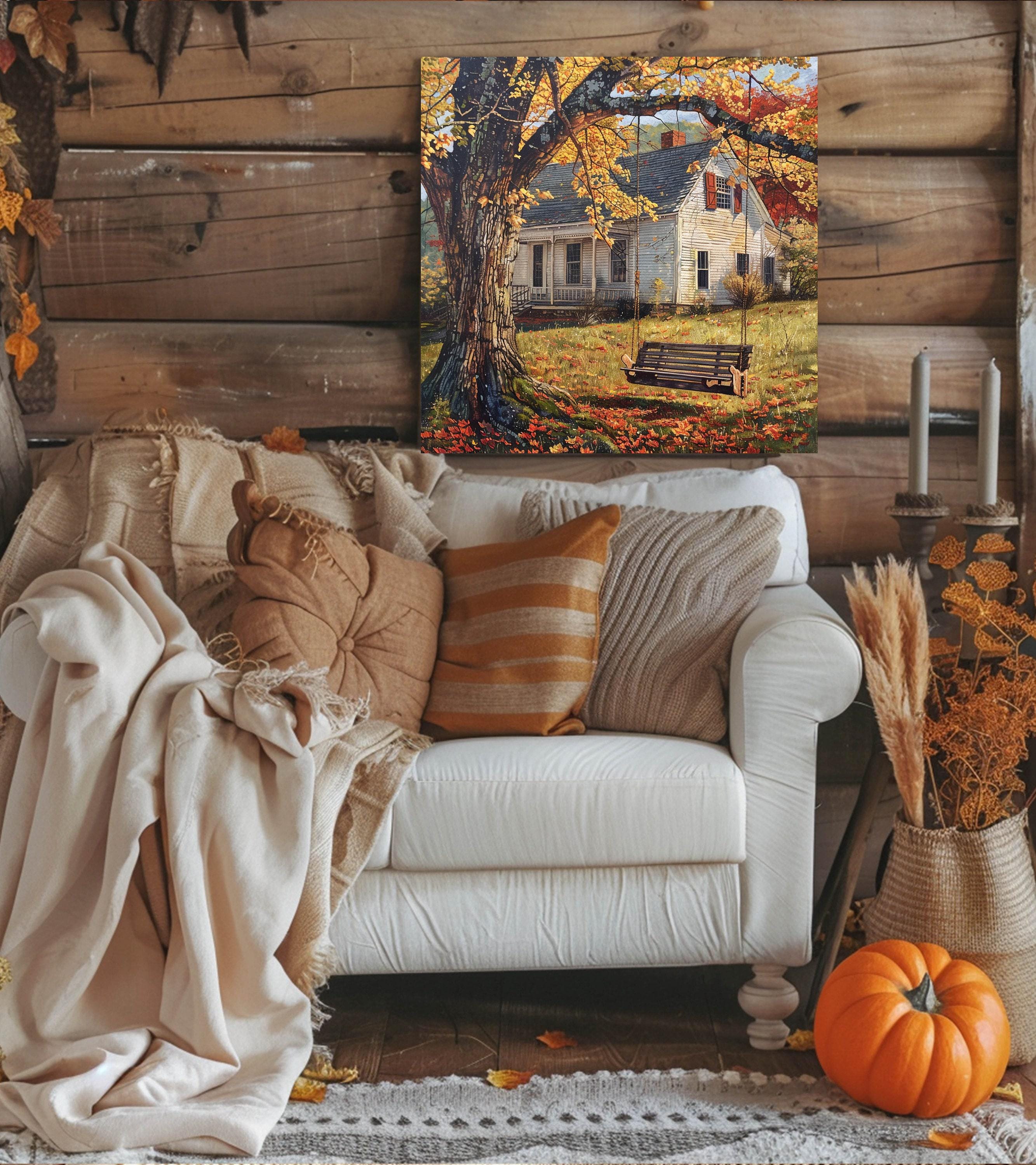 Farmhouse Portrait Autumn Canvas Wall Art, Country Cottage Fall Home Artwork, Farm with Swing Print