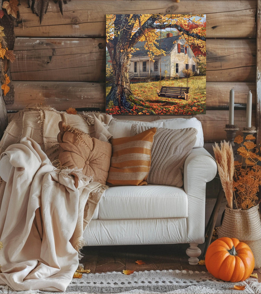 Farmhouse Portrait Autumn Canvas Wall Art, Country Cottage Fall Home Artwork, Farm with Swing Print