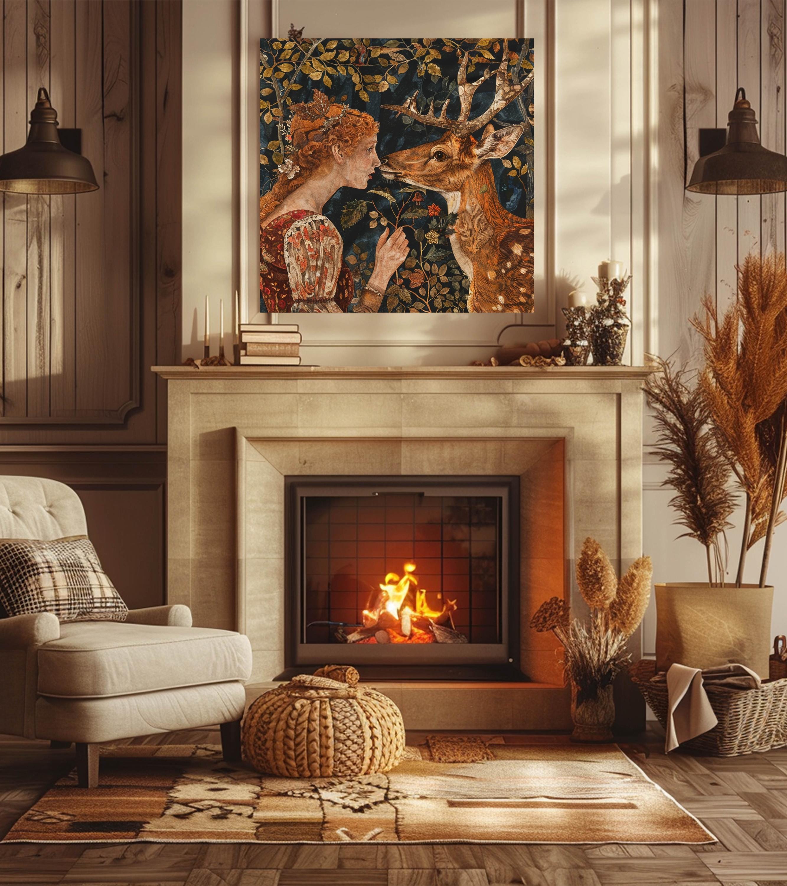 Vintage William Morris Inspired Deer Canvas, Rustic Autumn Decor, Autumn Forest Canvas Wall Art, Vintage Botanical Art, Deer Canvas Print