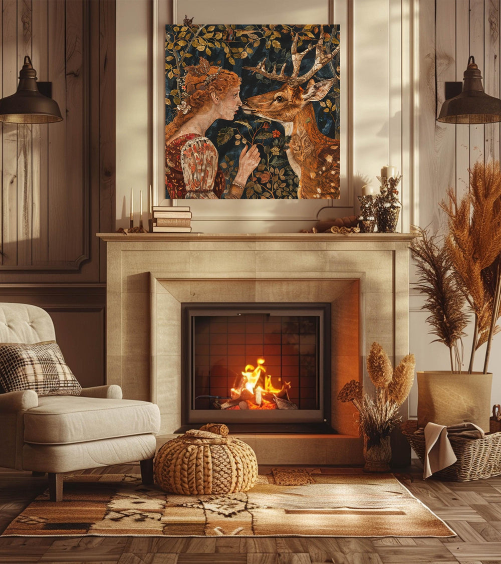 Vintage William Morris Inspired Deer Canvas, Rustic Autumn Decor, Autumn Forest Canvas Wall Art, Vintage Botanical Art, Deer Canvas Print