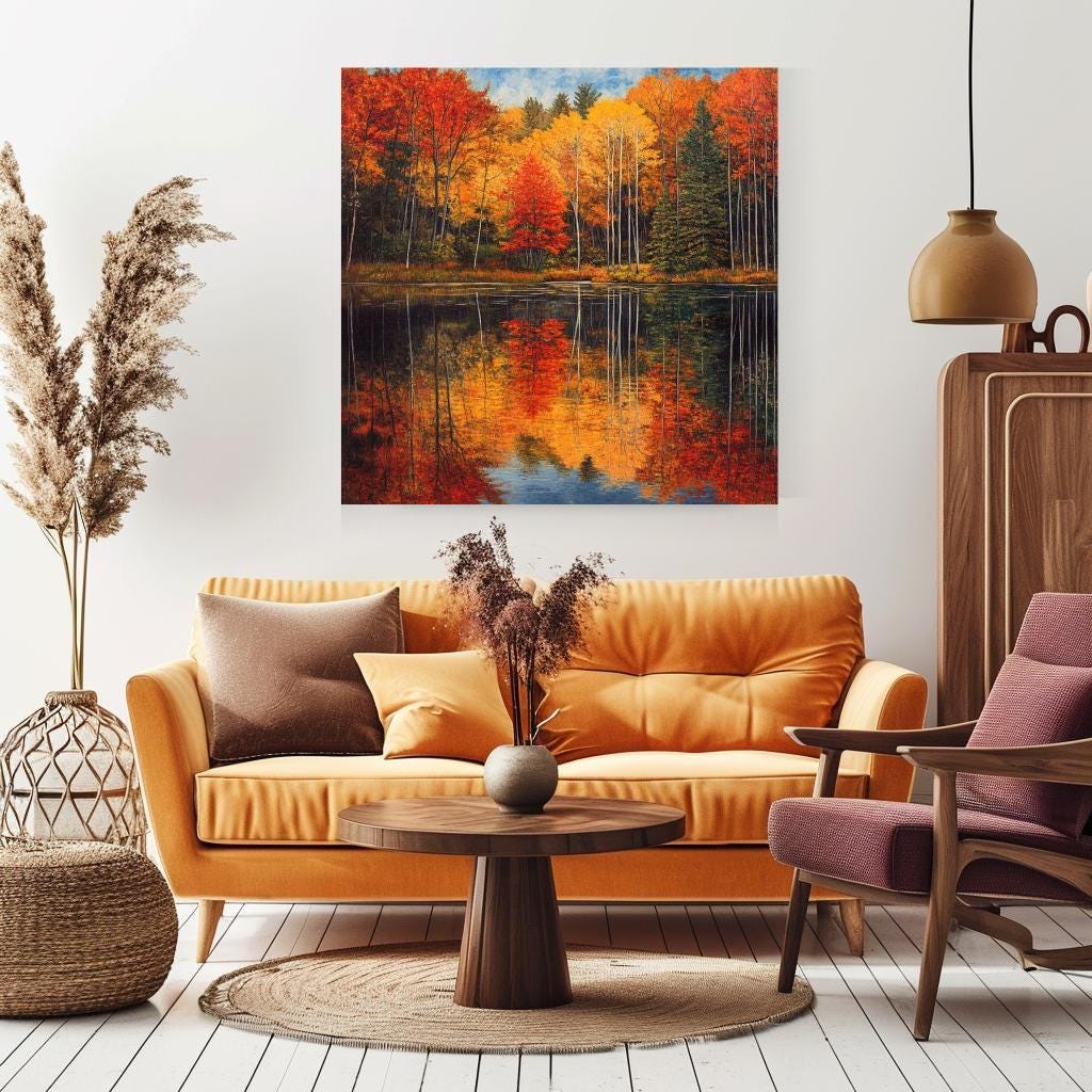 Autumn Forest Wall Canvas, Nature-Inspired Wall Decor, Fall Woodland Art, Grandma Gift, Nature Wall Print, Autumn Lake Framed Canvas