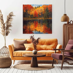 Autumn Forest Wall Canvas, Nature-Inspired Wall Decor, Fall Woodland Art, Grandma Gift, Nature Wall Print, Autumn Lake Framed Canvas