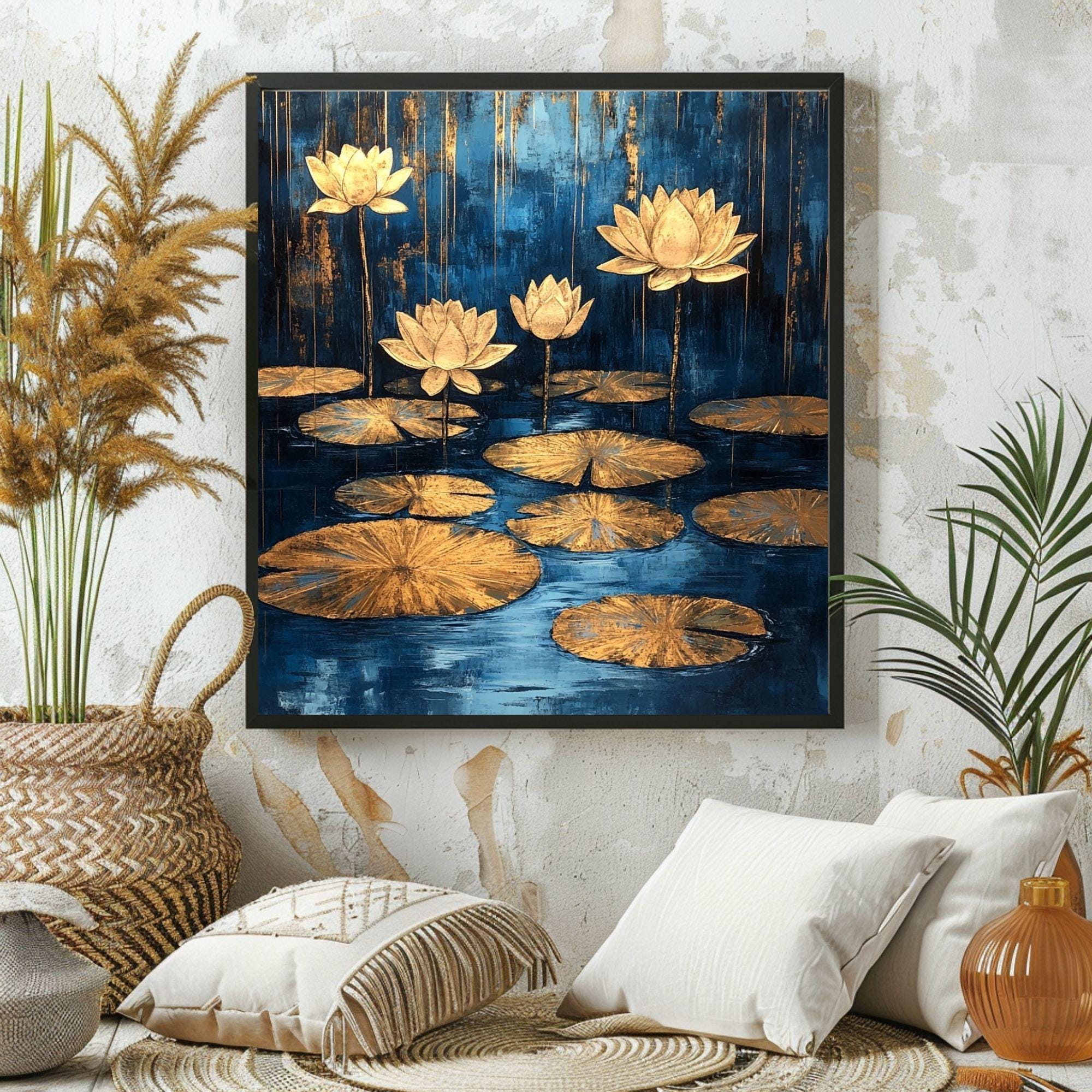 Gold Lotus Petals Canvas Wall Art, Elegant Zen Decor, Yoga Studio Poster, Framed Canvas Meditation Artwork, Minimalist Boho Floral Print