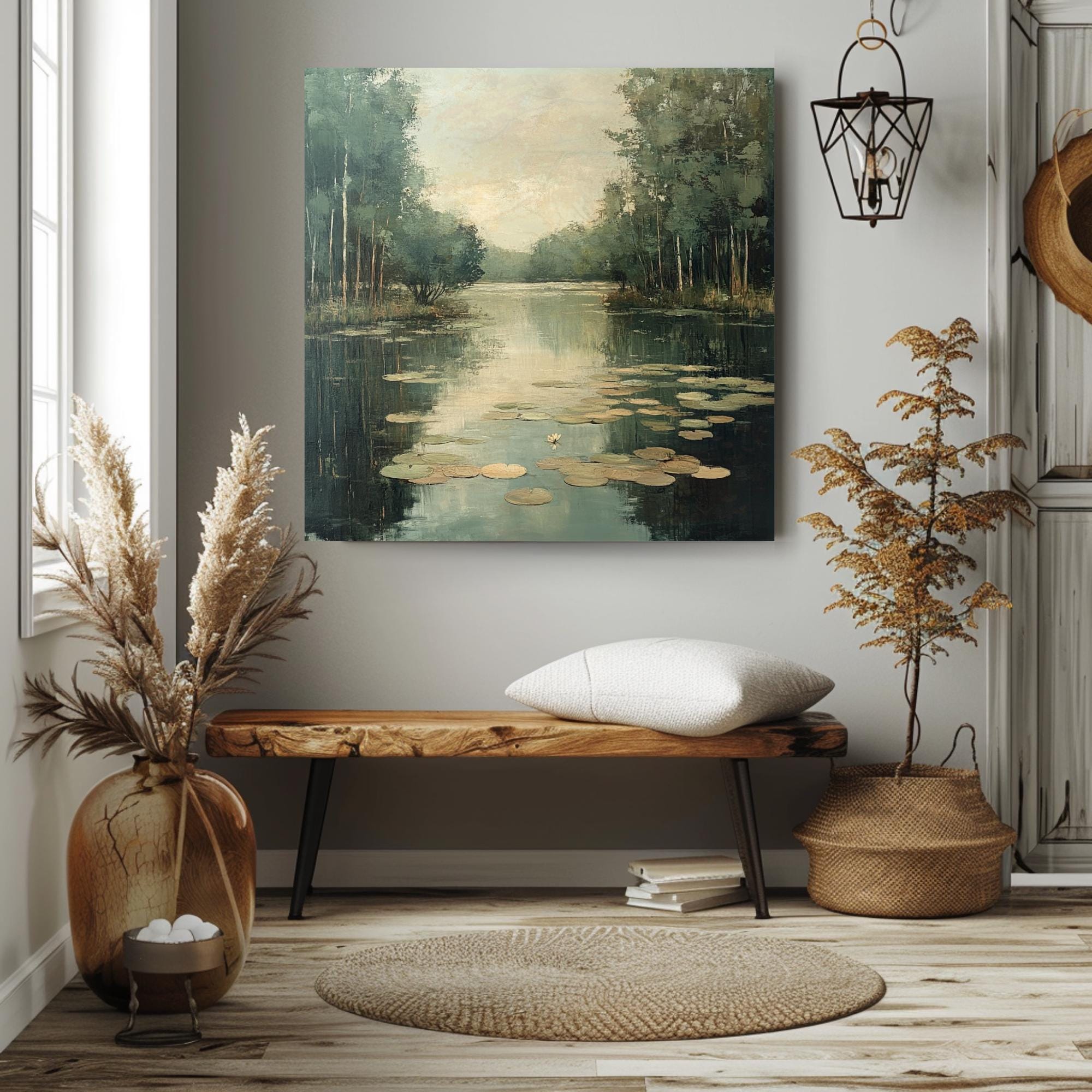 Peaceful Pond Canvas Wall Art, Water Lilies Art Print, Rustic Botanical Wall Decor, Nature-Inspired Framed Wall Canvas, Vintage Woodland Art