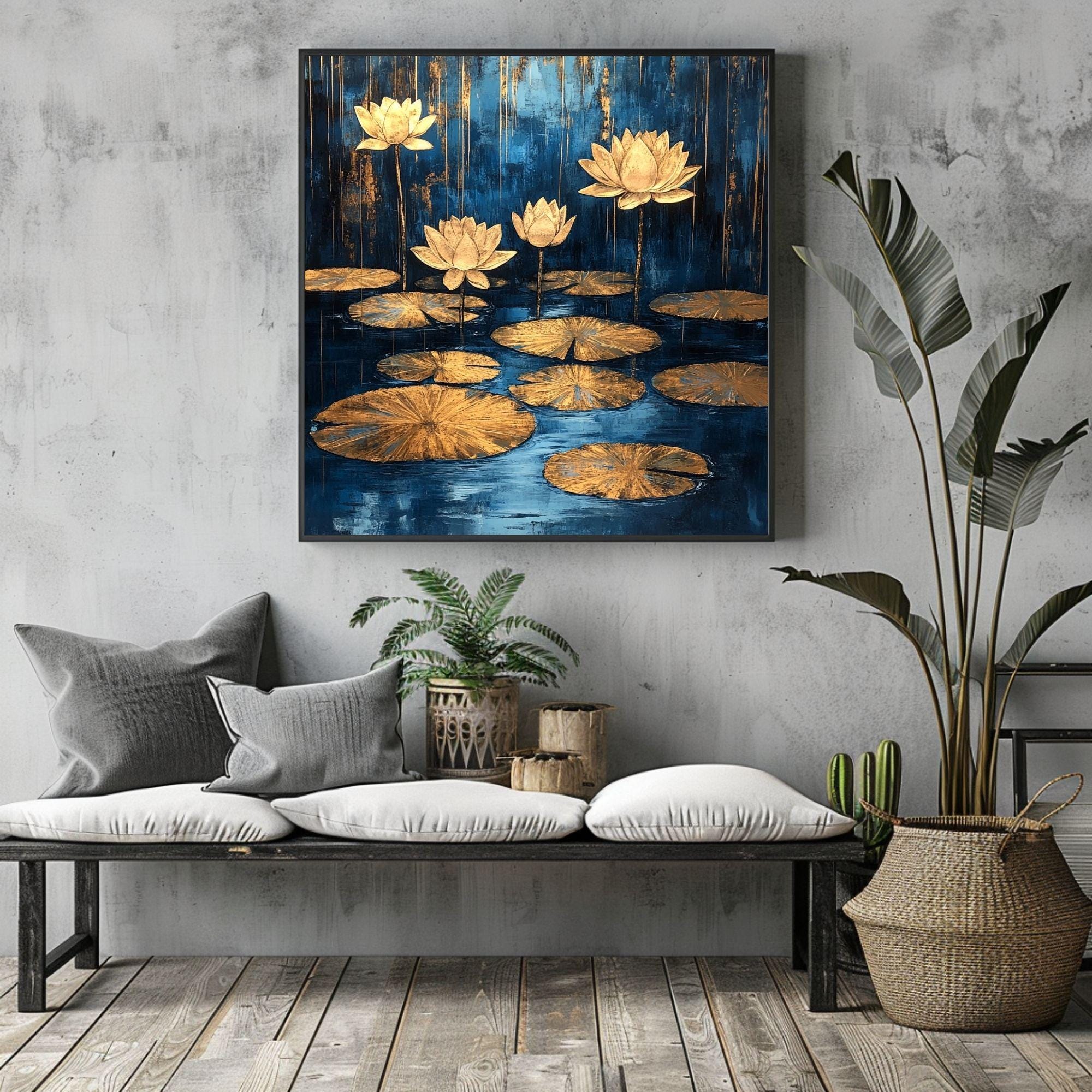 Gold Lotus Petals Canvas Wall Art, Elegant Zen Decor, Yoga Studio Poster, Framed Canvas Meditation Artwork, Minimalist Boho Floral Print