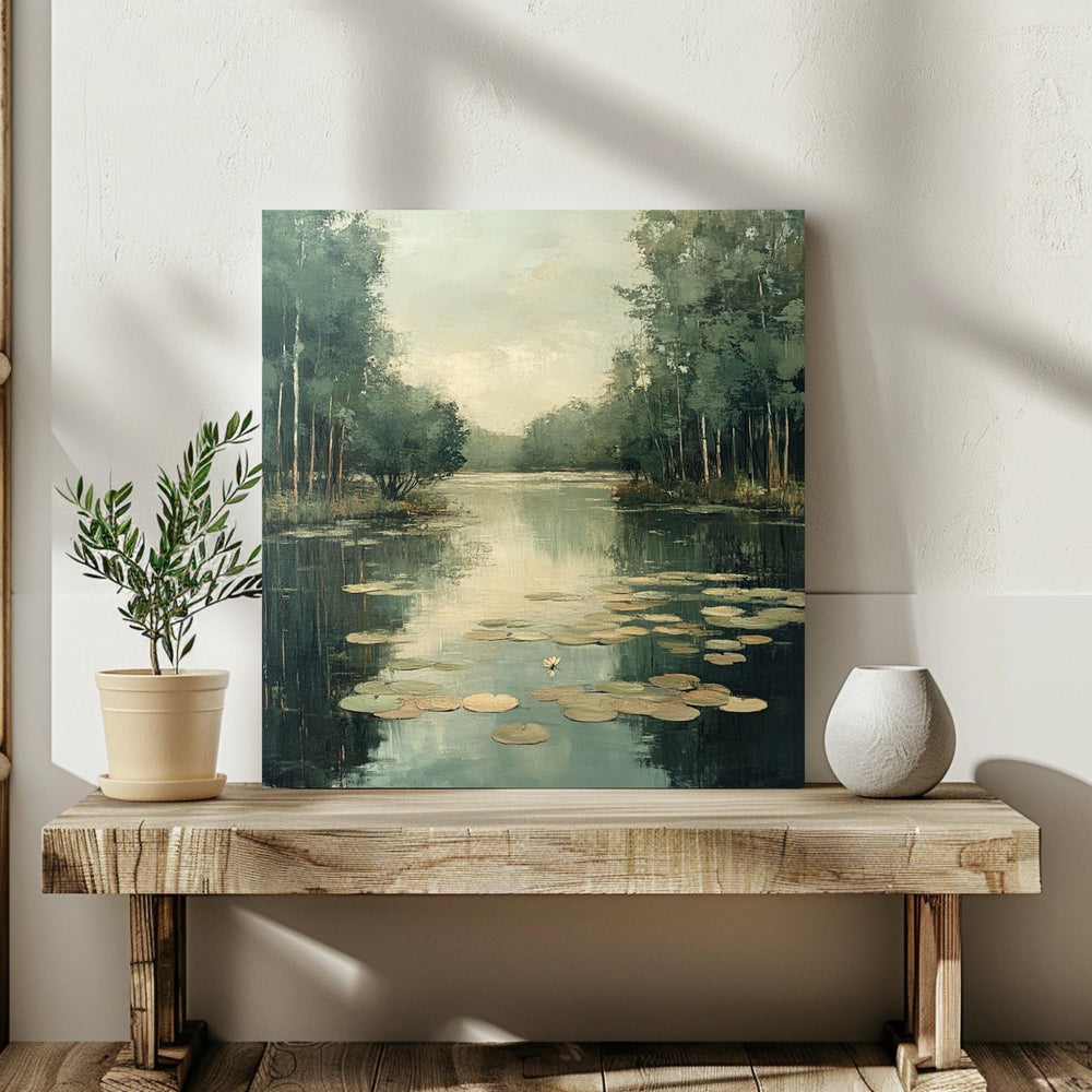 Peaceful Pond Canvas Wall Art, Water Lilies Art Print, Rustic Botanical Wall Decor, Nature-Inspired Framed Wall Canvas, Vintage Woodland Art