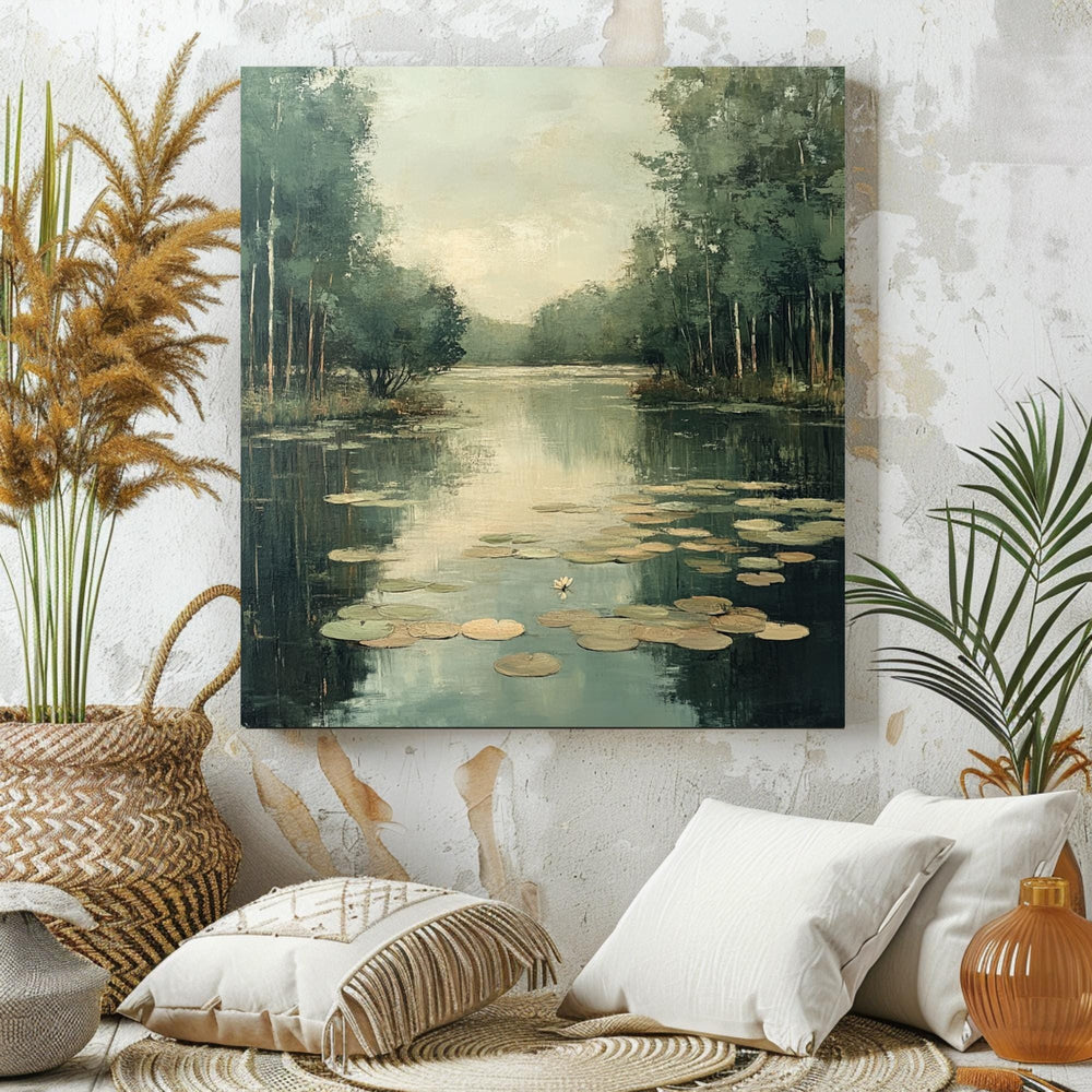 Peaceful Pond Canvas Wall Art, Water Lilies Art Print, Rustic Botanical Wall Decor, Nature-Inspired Framed Wall Canvas, Vintage Woodland Art