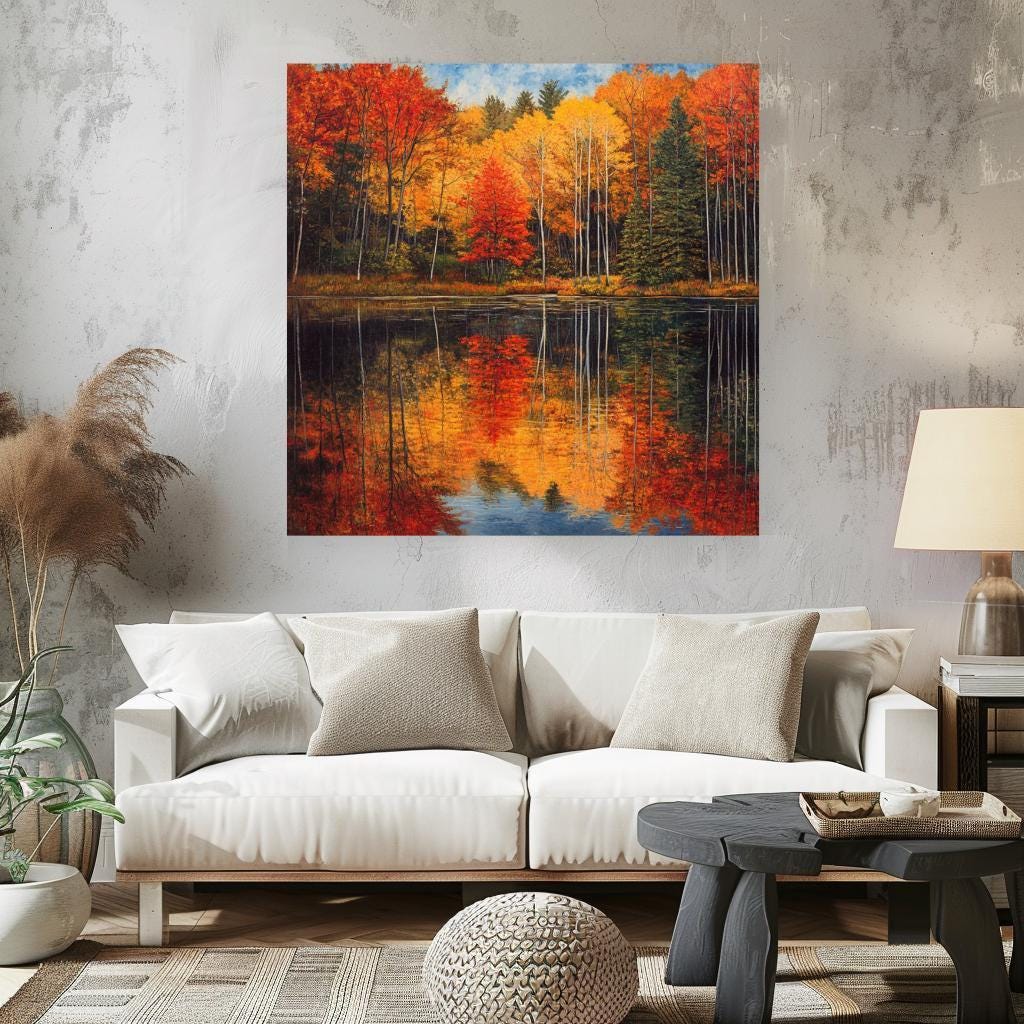 Autumn Forest Wall Canvas, Nature-Inspired Wall Decor, Fall Woodland Art, Grandma Gift, Nature Wall Print, Autumn Lake Framed Canvas