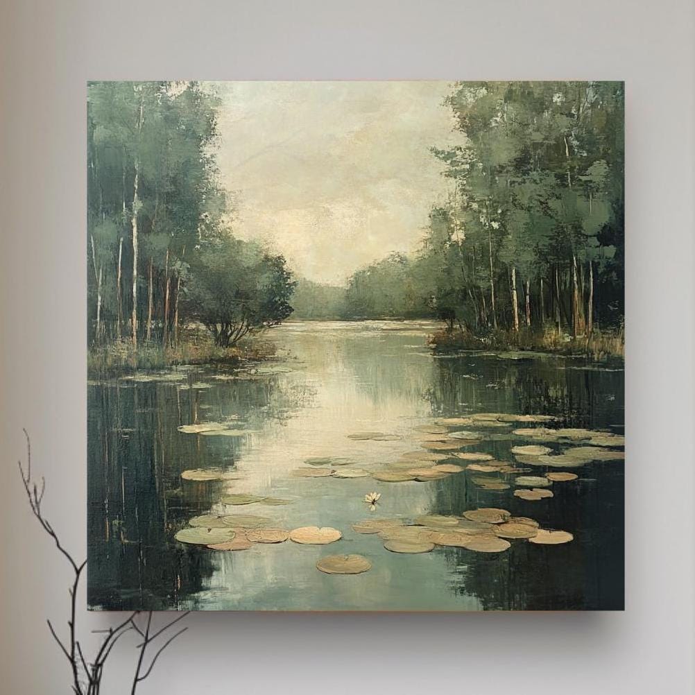 Peaceful Pond Canvas Wall Art, Water Lilies Art Print, Rustic Botanical Wall Decor, Nature-Inspired Framed Wall Canvas, Vintage Woodland Art