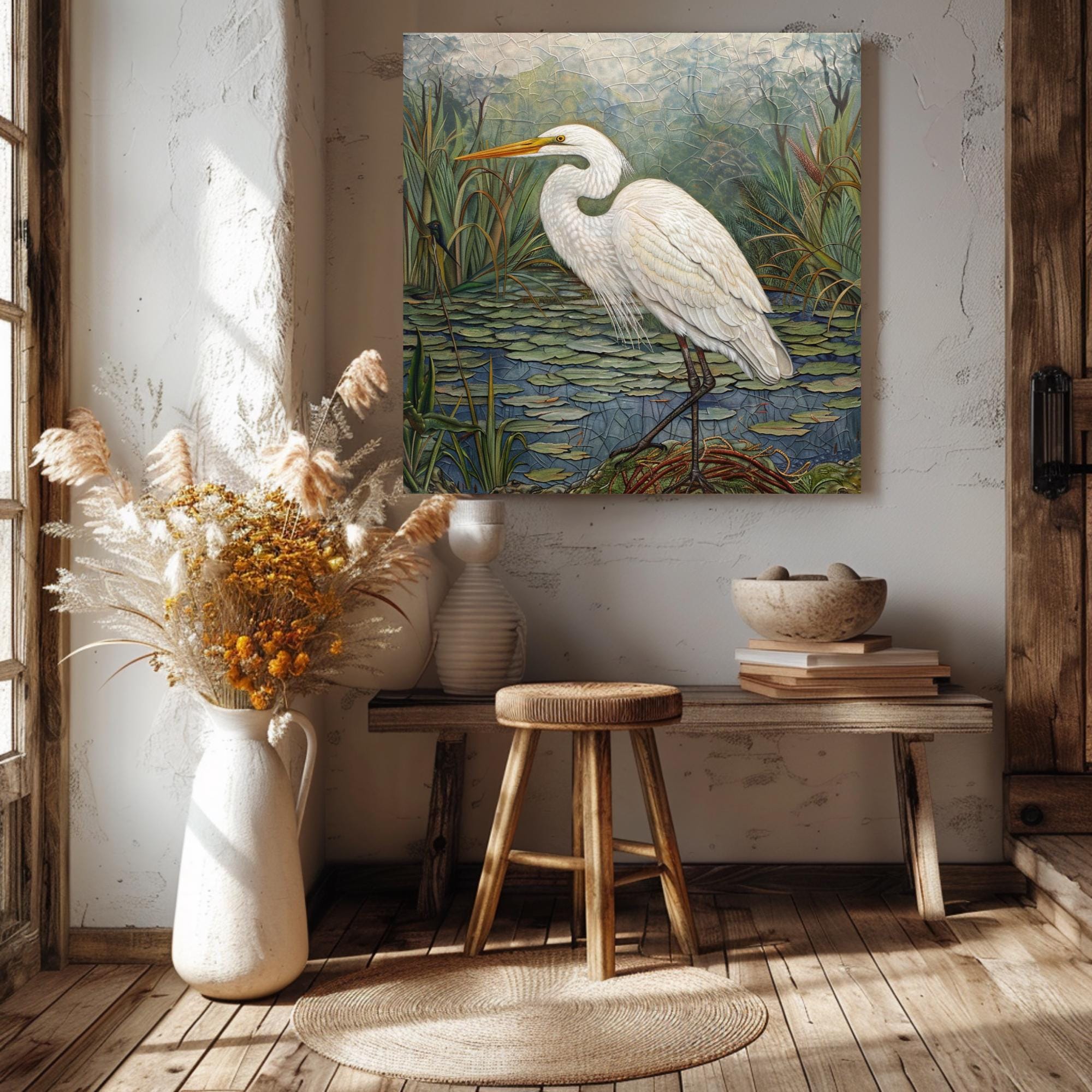 Marsh Egret Wall Art, William Morris Inspired Framed Canvas, Botanical Bird Decor, Vintage Nature Art, Coastal Bird Framed Art, Egret Poster