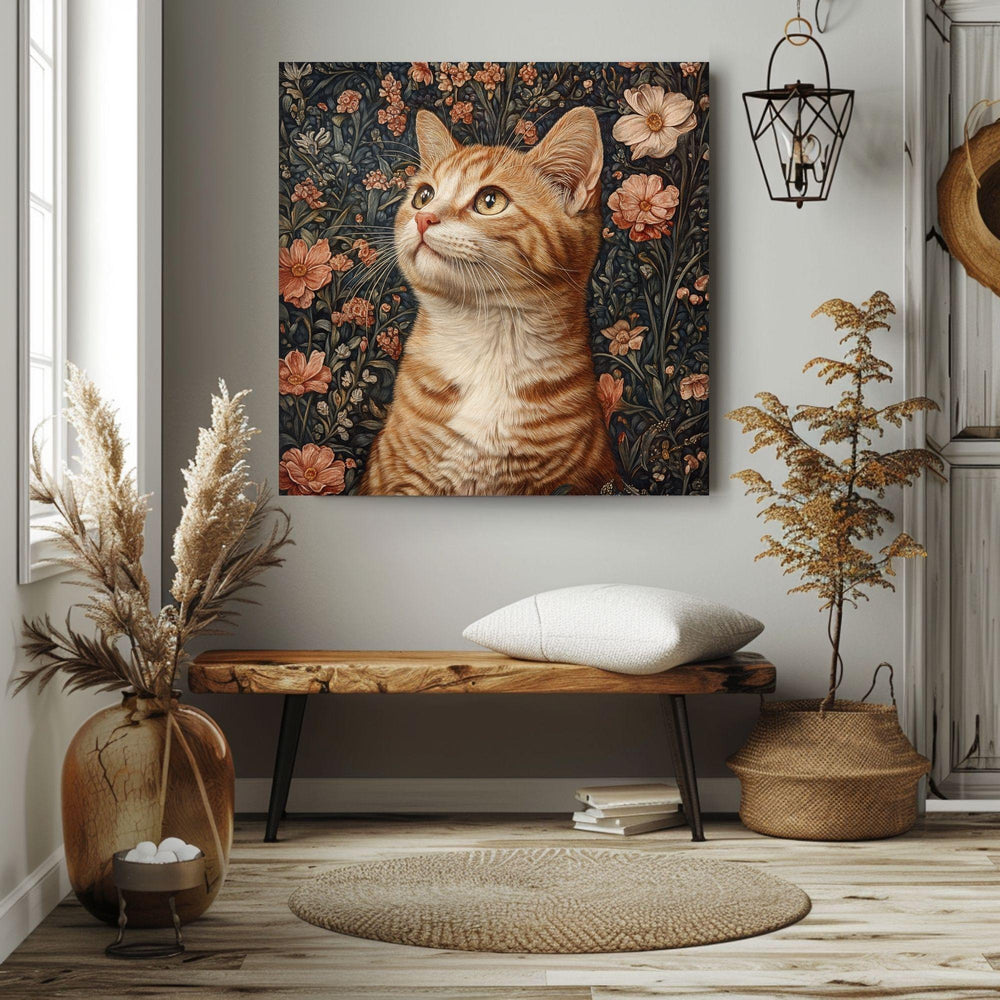 William Morris Cat Canvas, Animal Wall Art, Morris Inspired Framed Decor, Cat Poster Print, Floral Cat Framed Wall Canvas, Vintage Decor