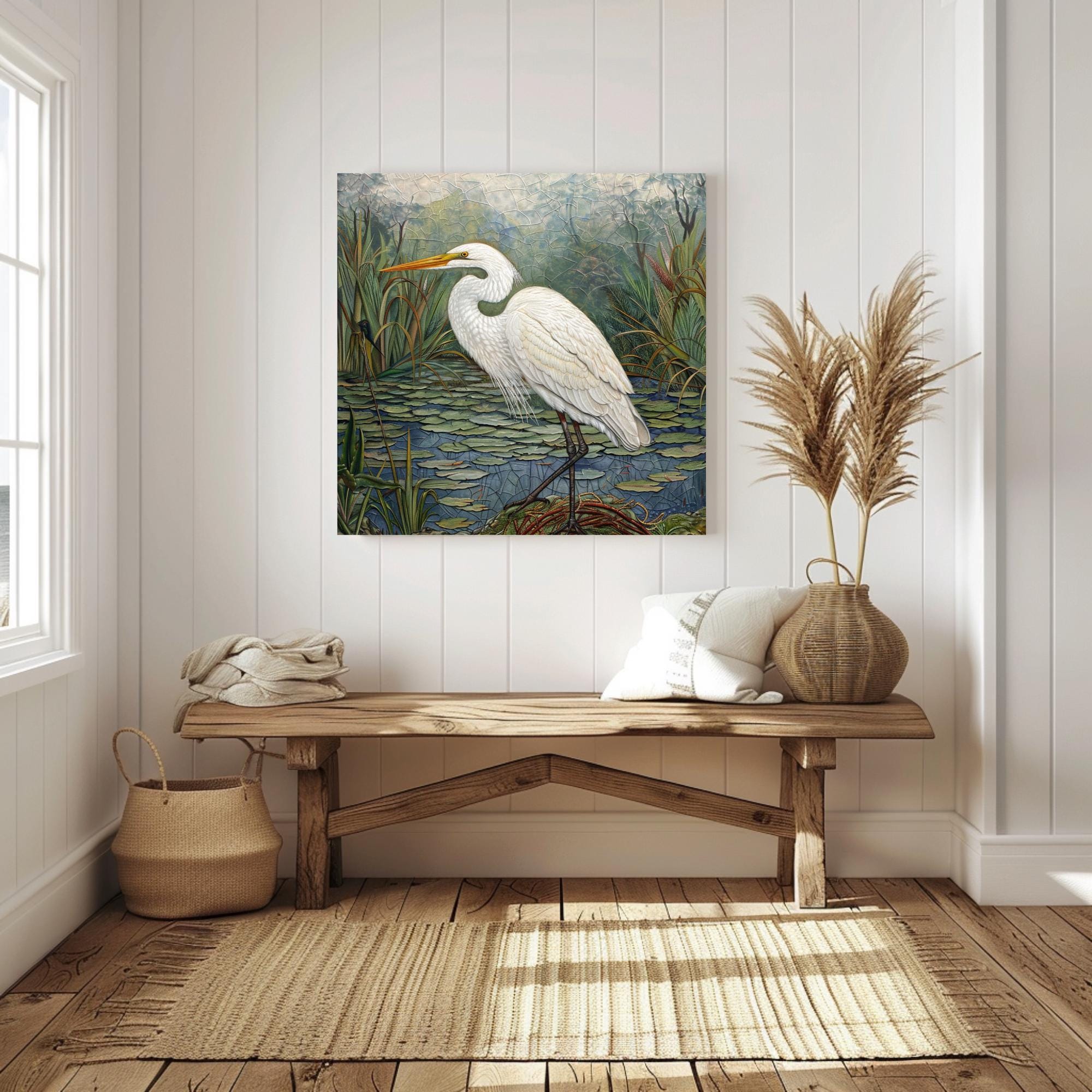 Marsh Egret Wall Art, William Morris Inspired Framed Canvas, Botanical Bird Decor, Vintage Nature Art, Coastal Bird Framed Art, Egret Poster