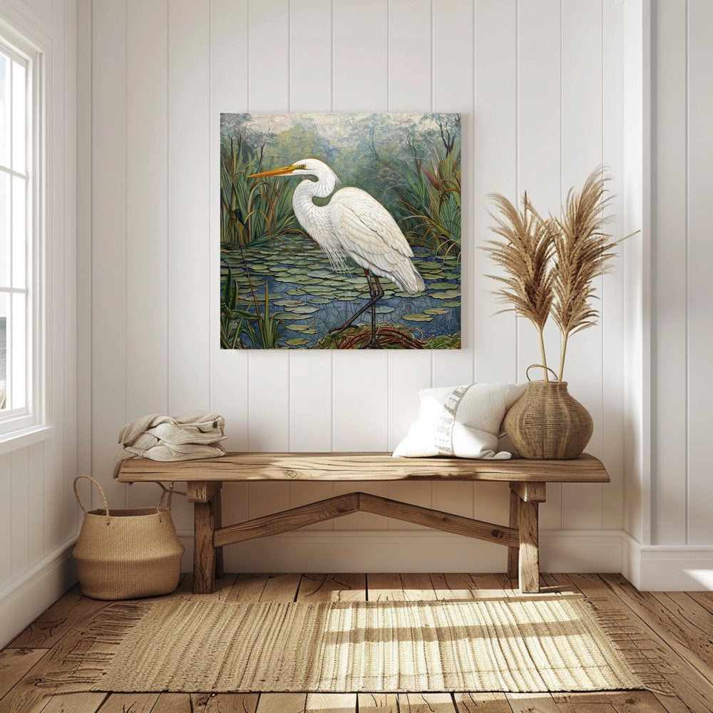 Marsh Egret Wall Art, William Morris Inspired Framed Canvas, Botanical Bird Decor, Vintage Nature Art, Coastal Bird Framed Art, Egret Poster