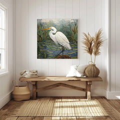 Marsh Egret Wall Art, William Morris Inspired Framed Canvas, Botanical Bird Decor, Vintage Nature Art, Coastal Bird Framed Art, Egret Poster